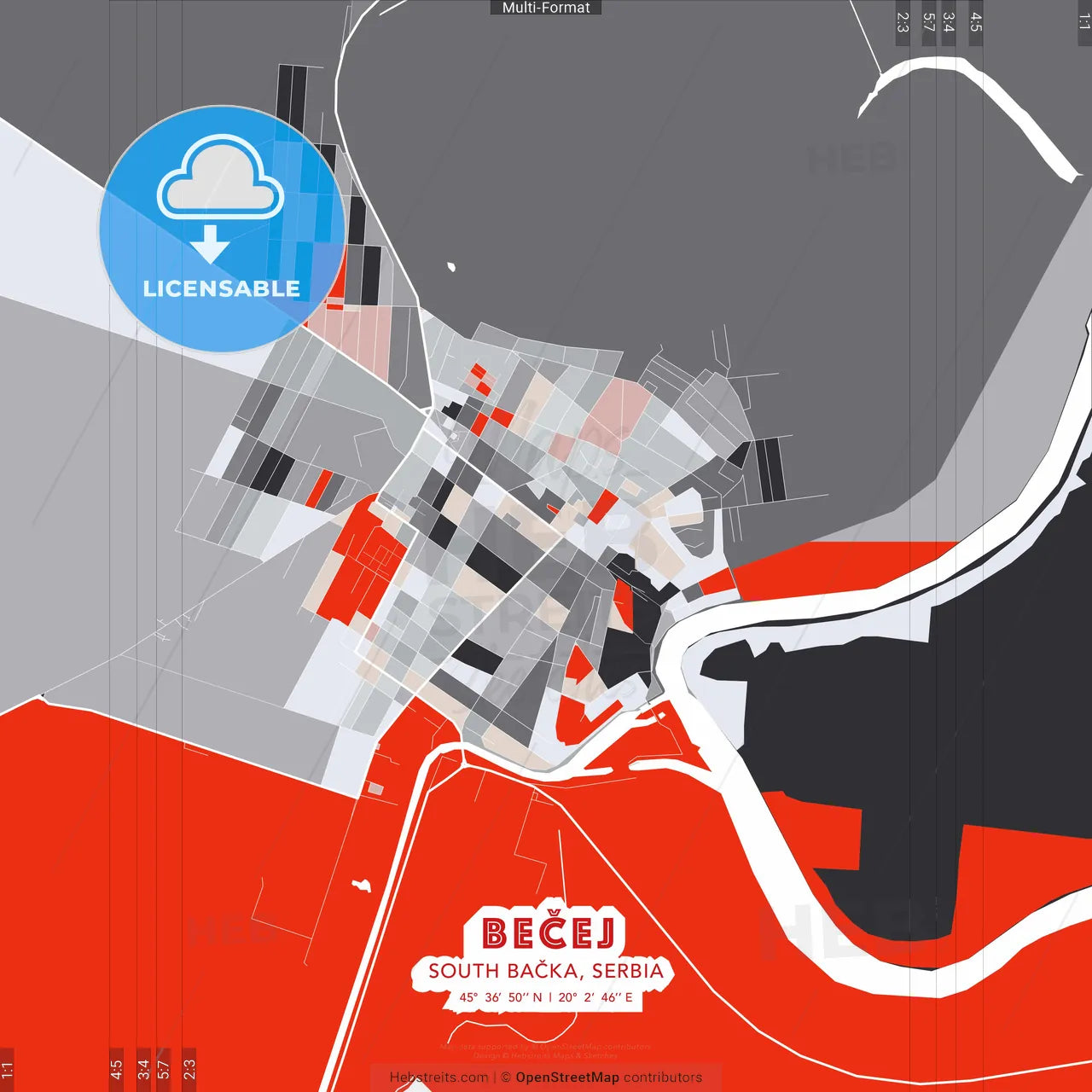 Bečej, South Bačka, Serbia - modern street map poster template with gray and red tones