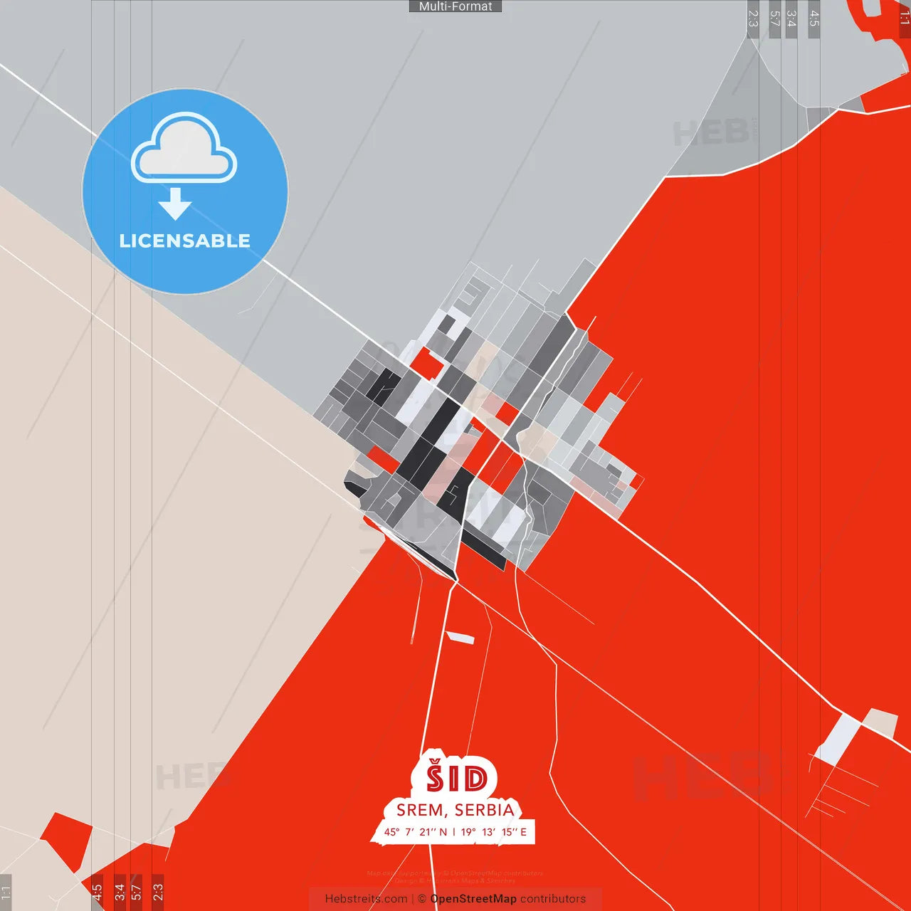 Šid, Srem, Serbia - modern street map poster template with gray and red tones