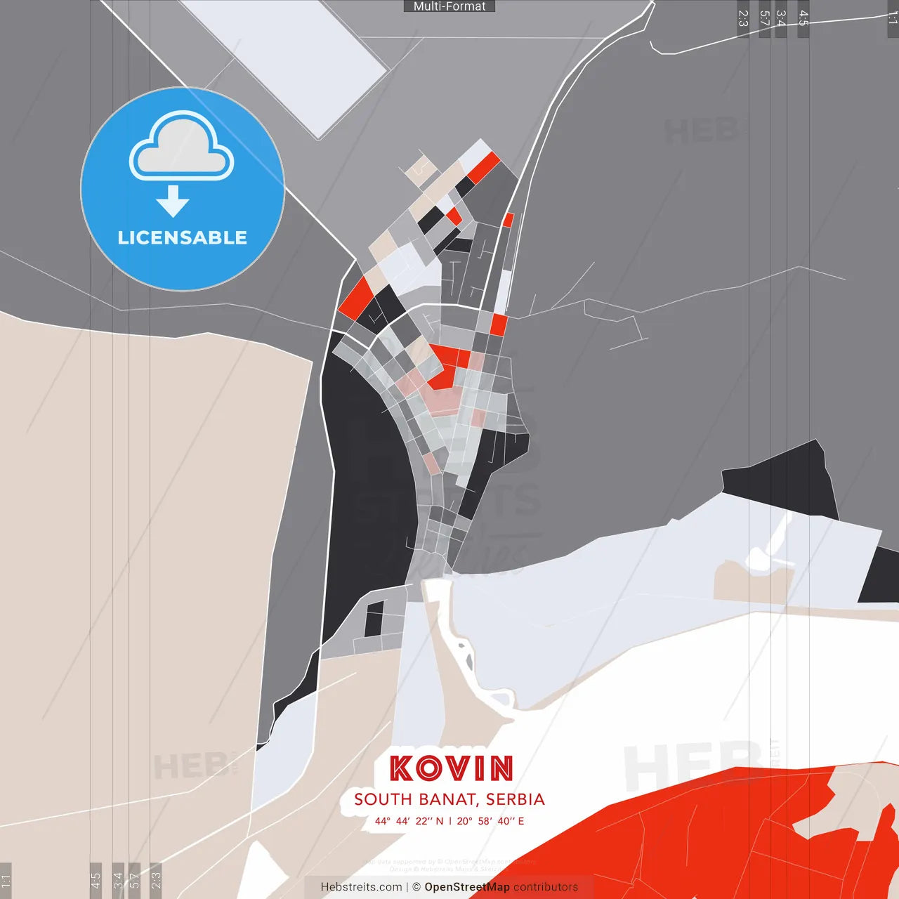 Kovin, South Banat, Serbia - modern street map poster template with gray and red tones