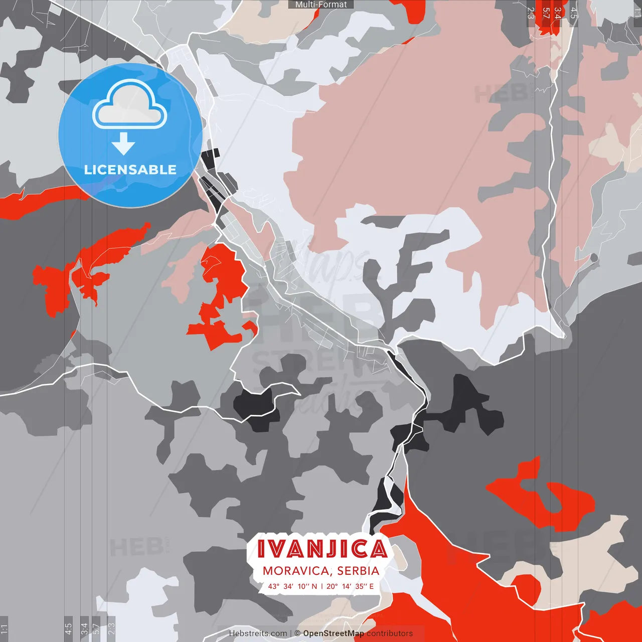 Ivanjica, Moravica, Serbia - modern street map poster template with gray and red tones