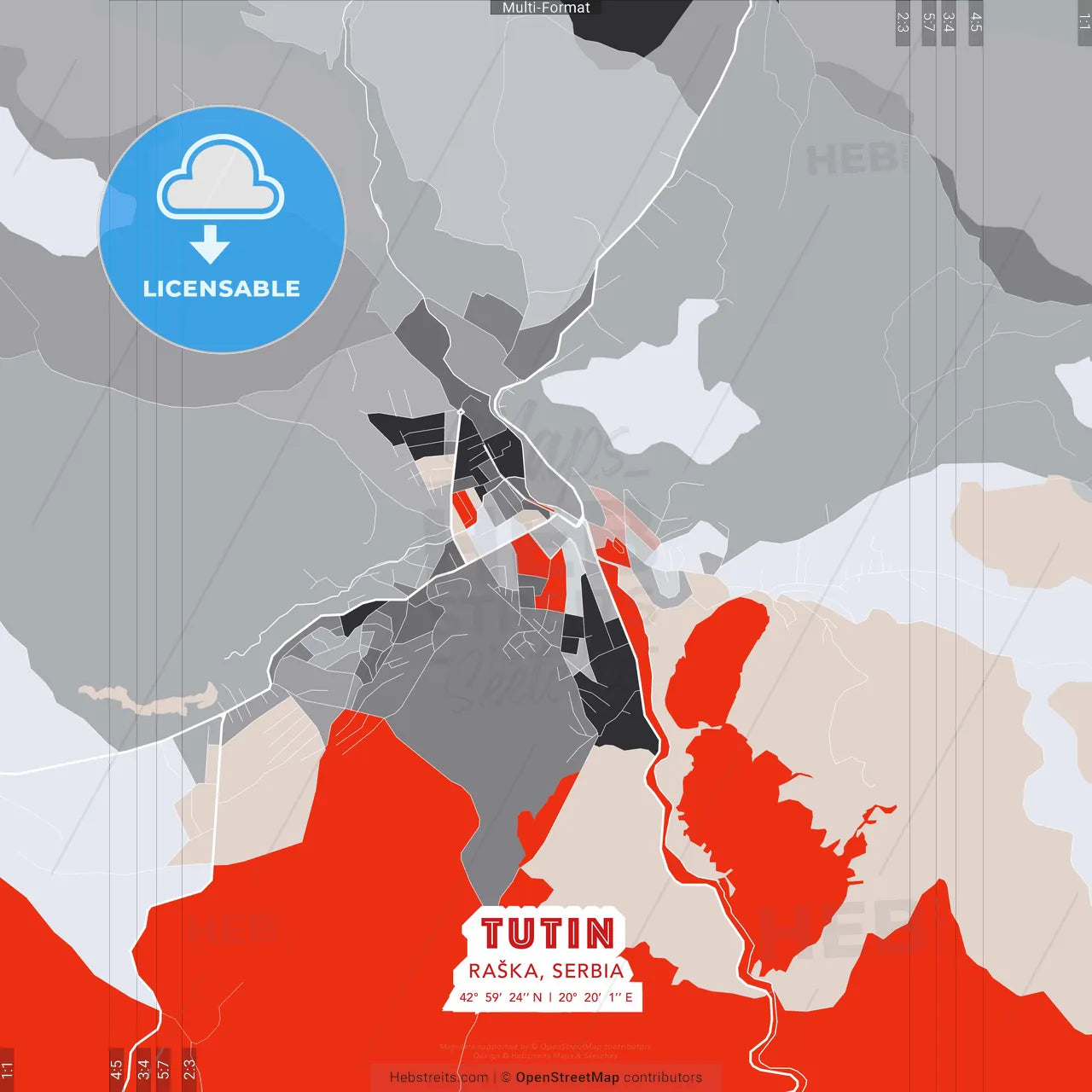 Tutin, Raška, Serbia - modern street map poster template with gray and red tones