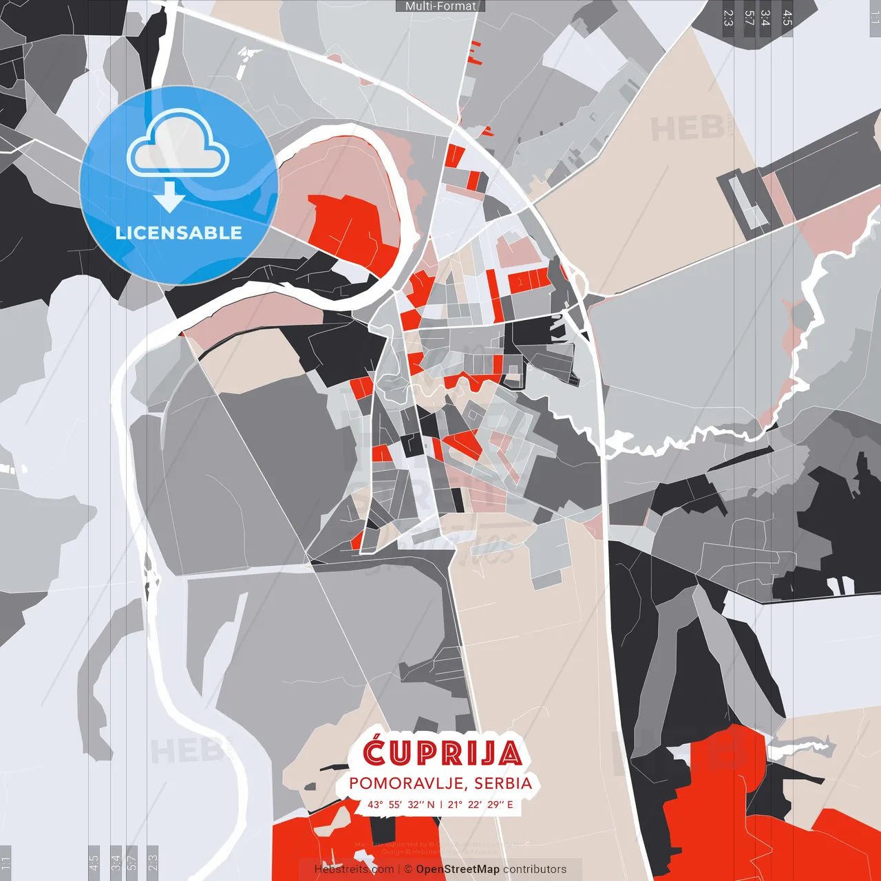 Ćuprija, Pomoravlje, Serbia - modern street map poster template with gray and red tones