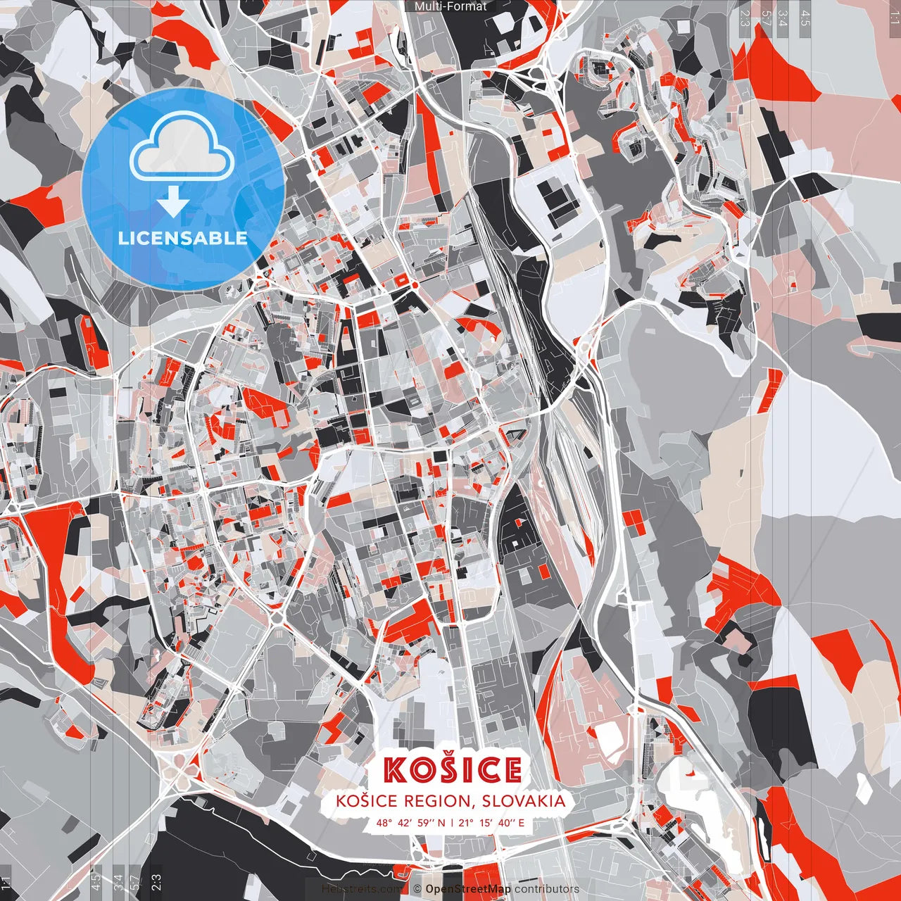 Košice, Košice Region, Slovakia - modern street map poster template with gray and red tones