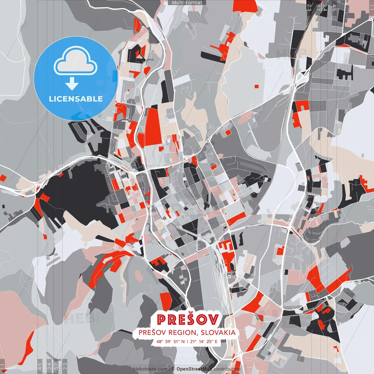 Prešov, Prešov Region, Slovakia - modern street map poster template with gray and red tones