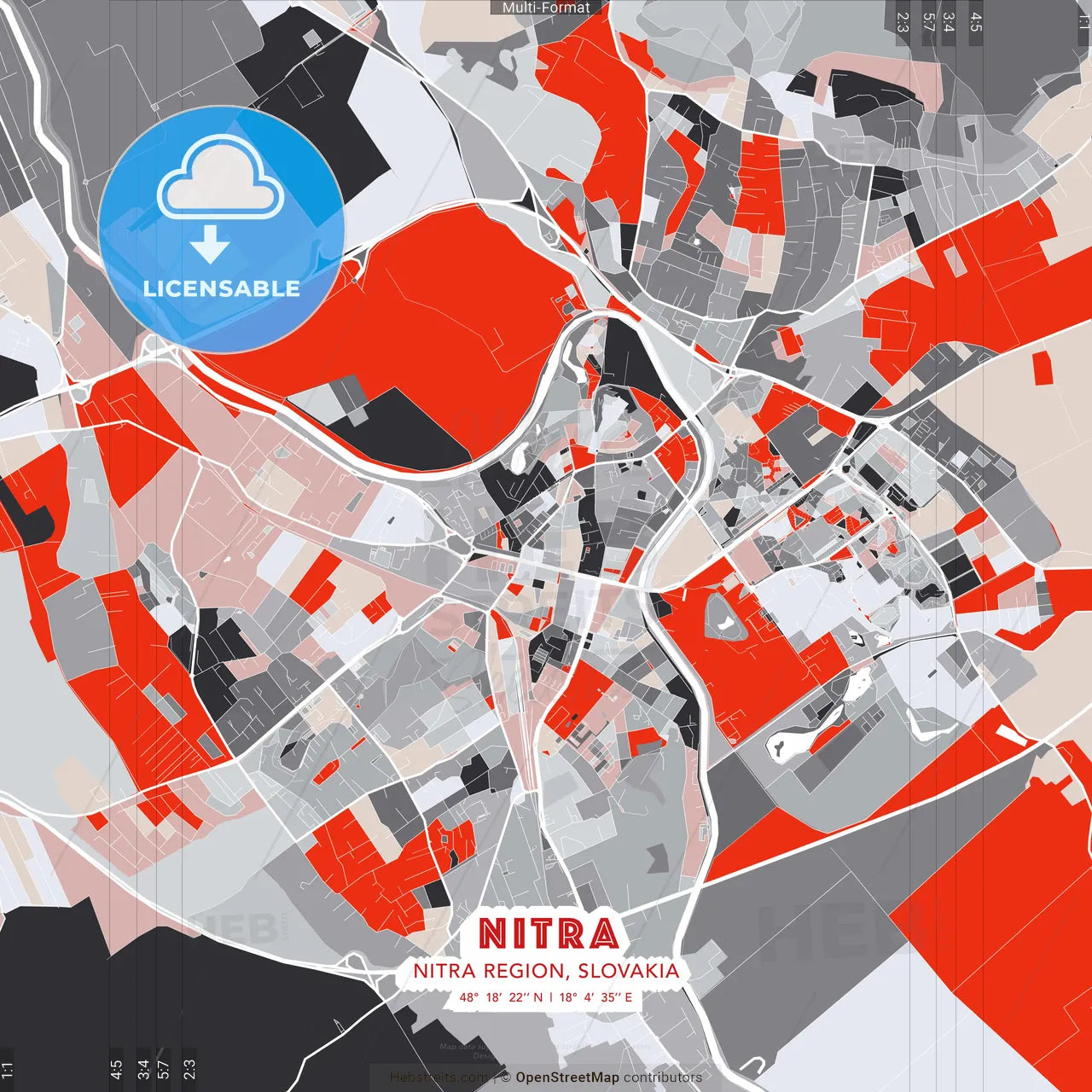 Nitra, Nitra Region, Slovakia - modern street map poster template with gray and red tones