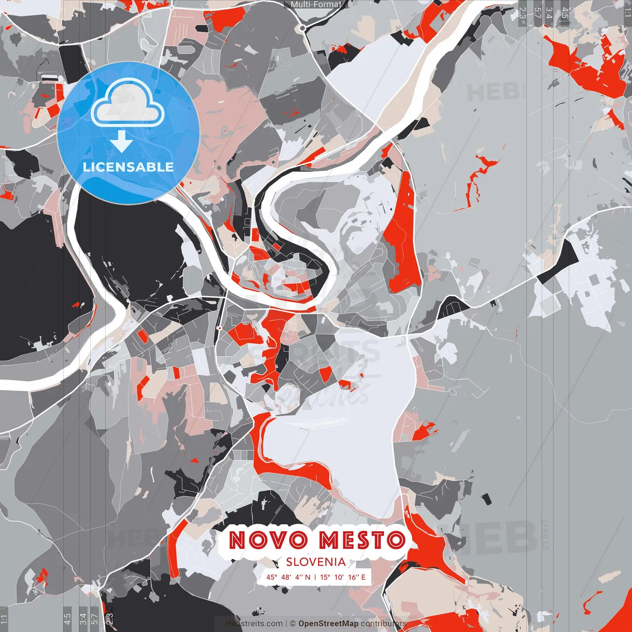 Novo Mesto, Slovenia - modern street map poster template with gray and red tones