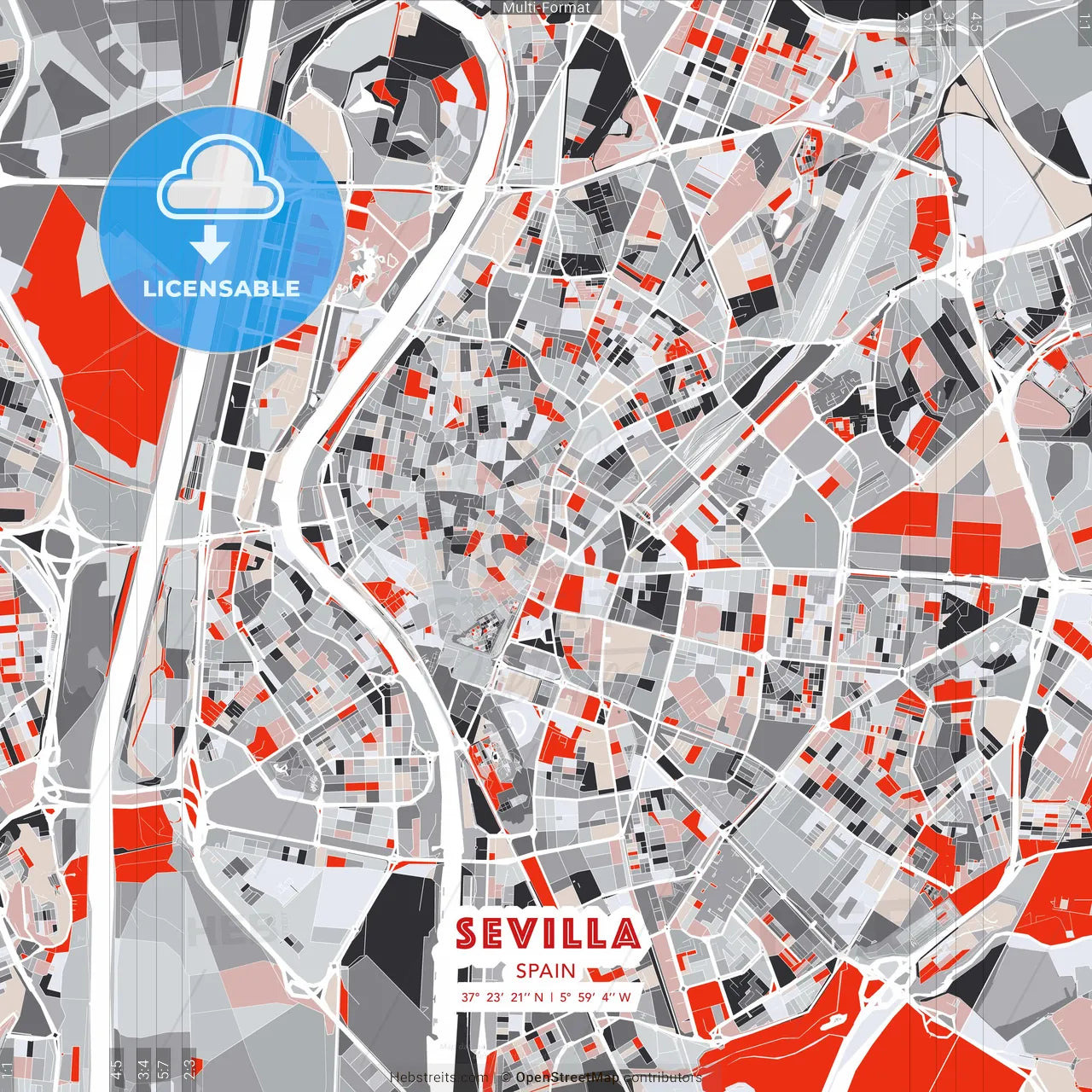 Sevilla, Spain - modern street map poster template with gray and red tones