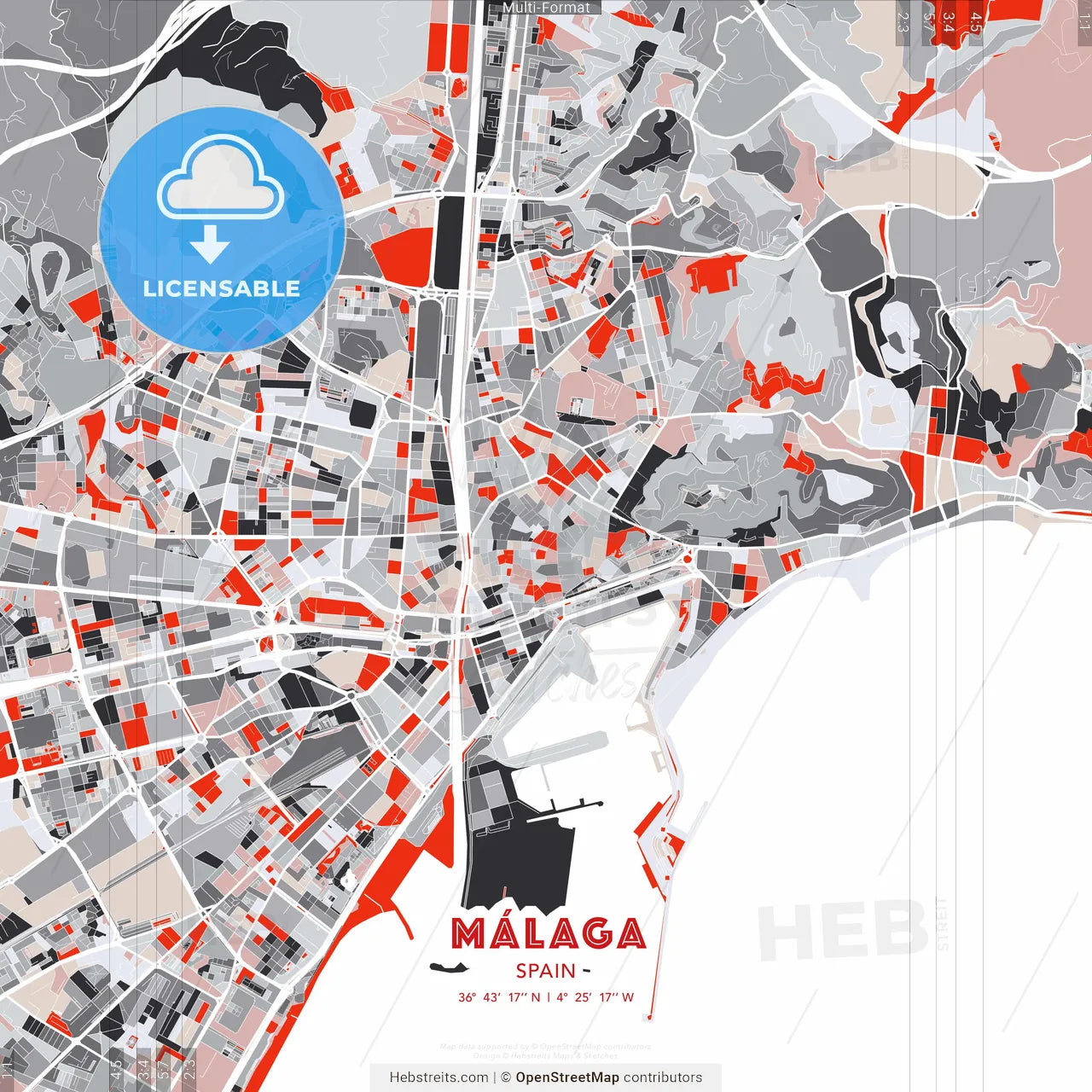 Málaga, Spain - modern street map poster template with gray and red tones
