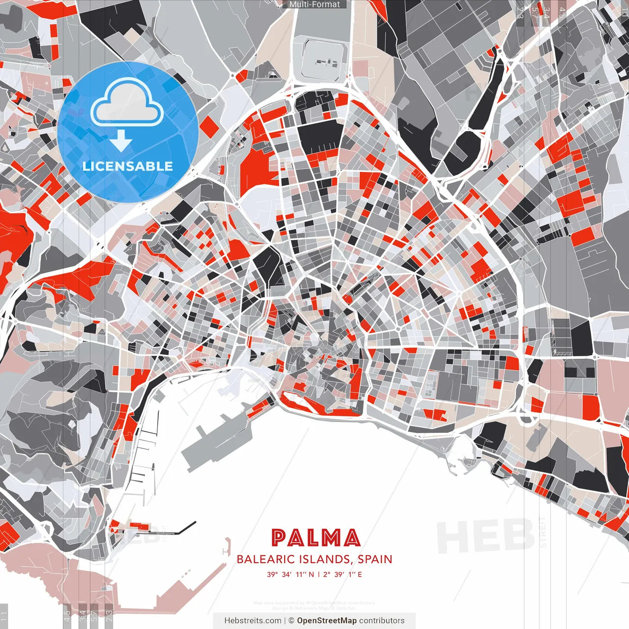 Palma, Balearic Islands, Spain - modern street map poster template with gray and red tones