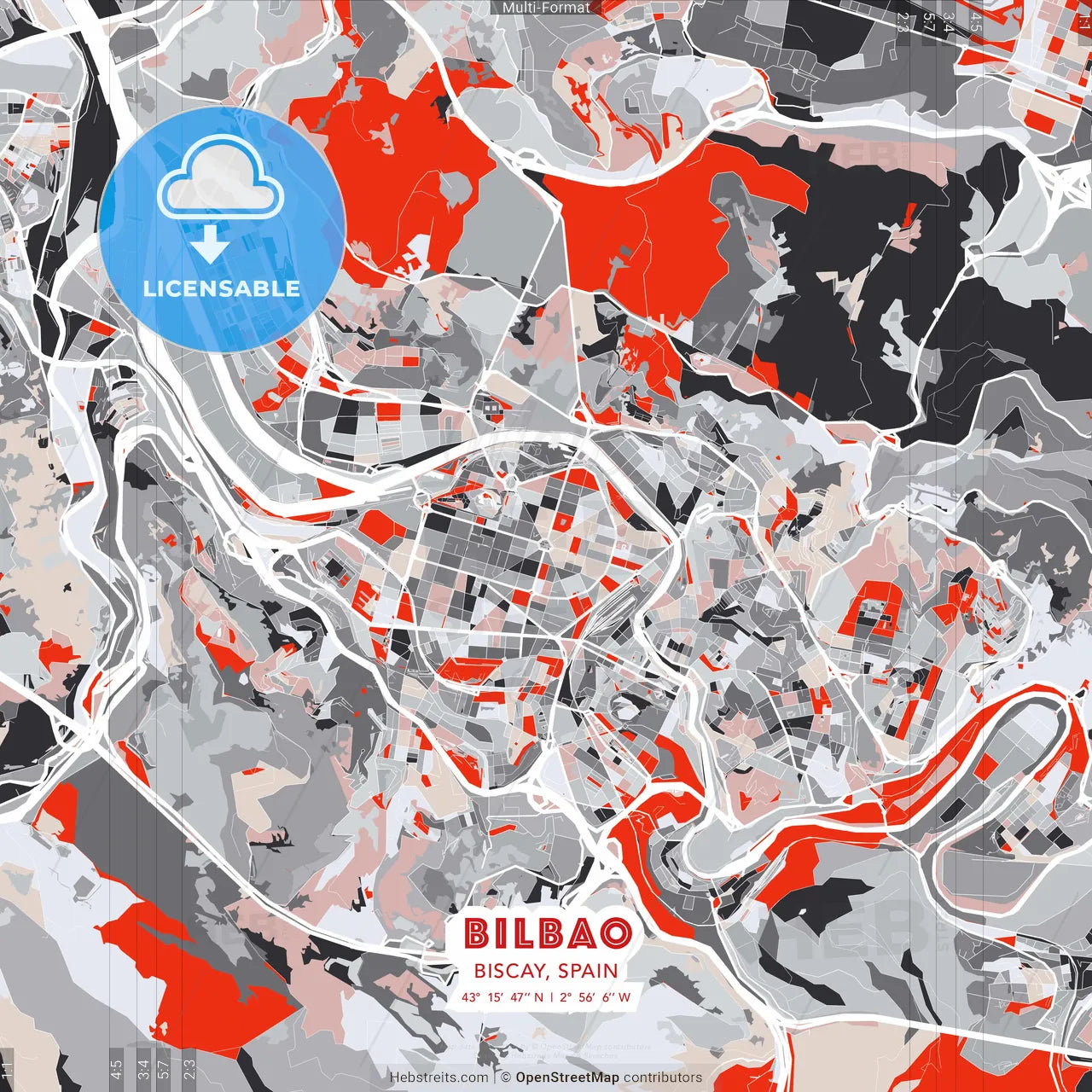 Bilbao, Biscay, Spain - modern street map poster template with gray and red tones