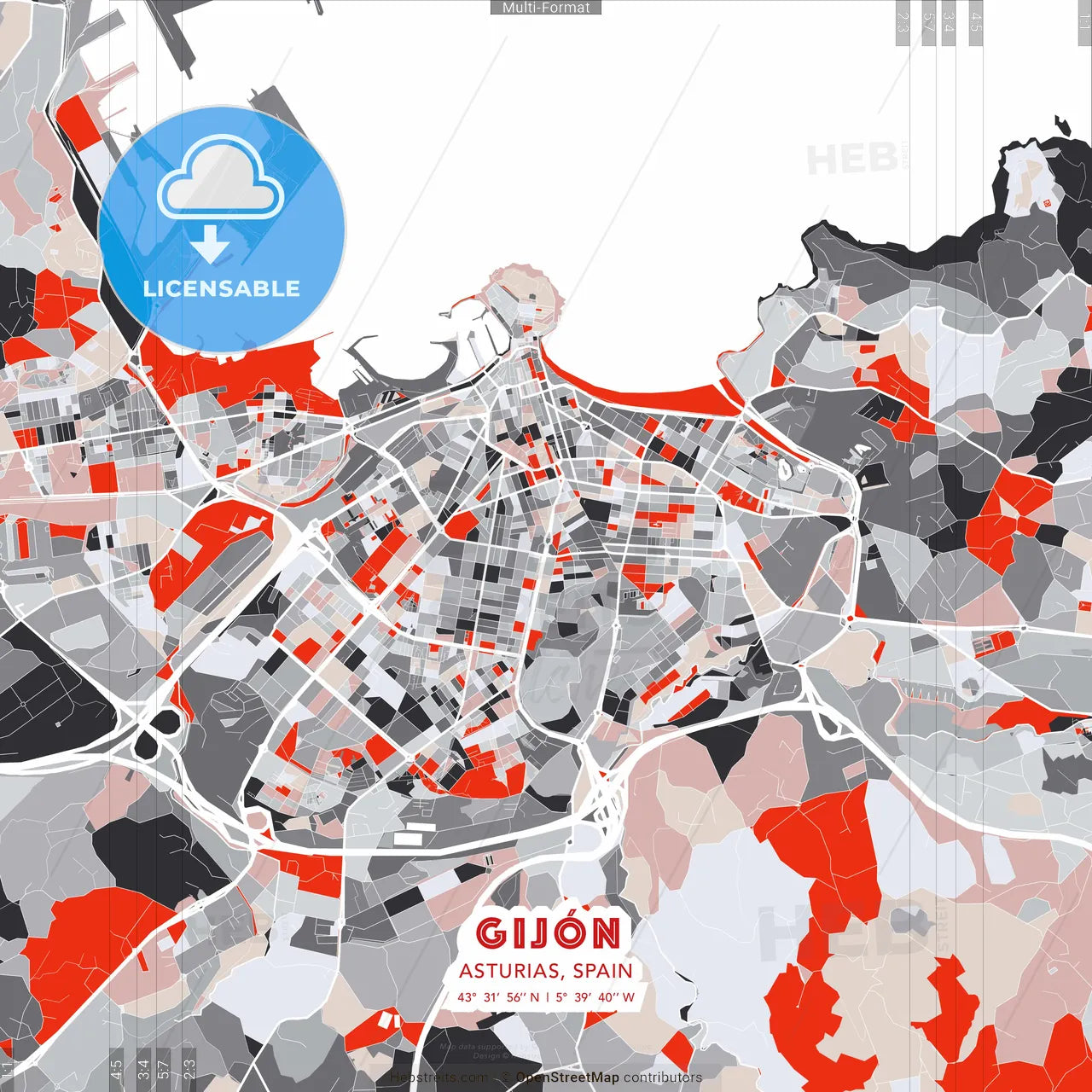Gijón, Asturias, Spain - modern street map poster template with gray and red tones