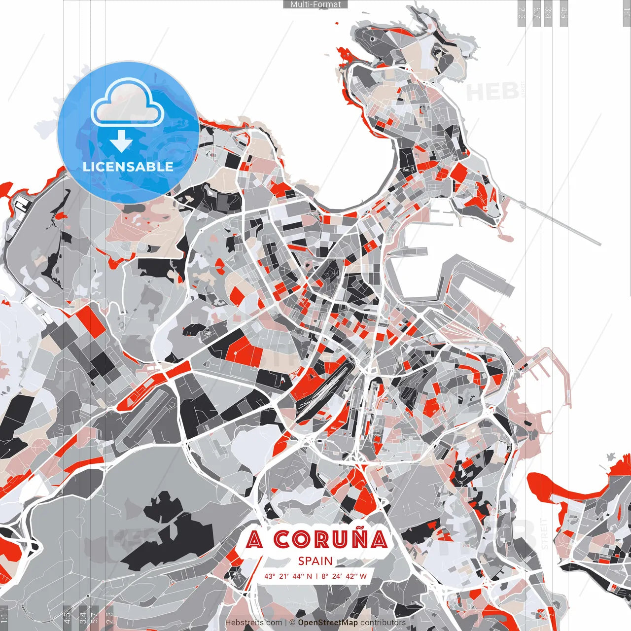 A Coruña, Spain - modern street map poster template with gray and red tones