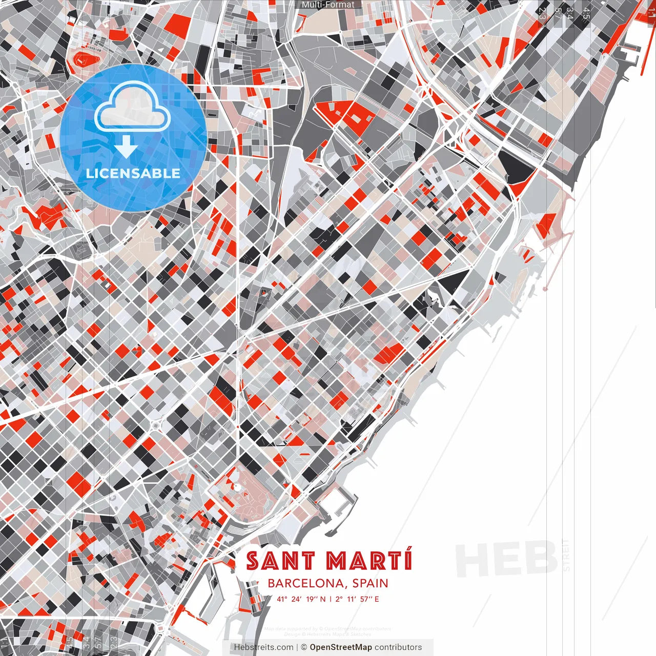 Sant Martí, Barcelona, Spain - modern street map poster template with gray and red tones