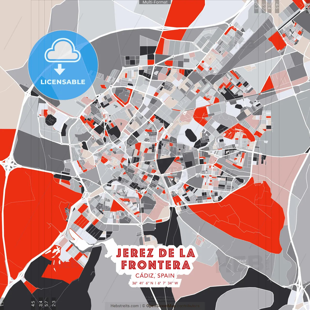 Jerez de la Frontera, Cádiz, Spain - modern street map poster template with gray and red tones