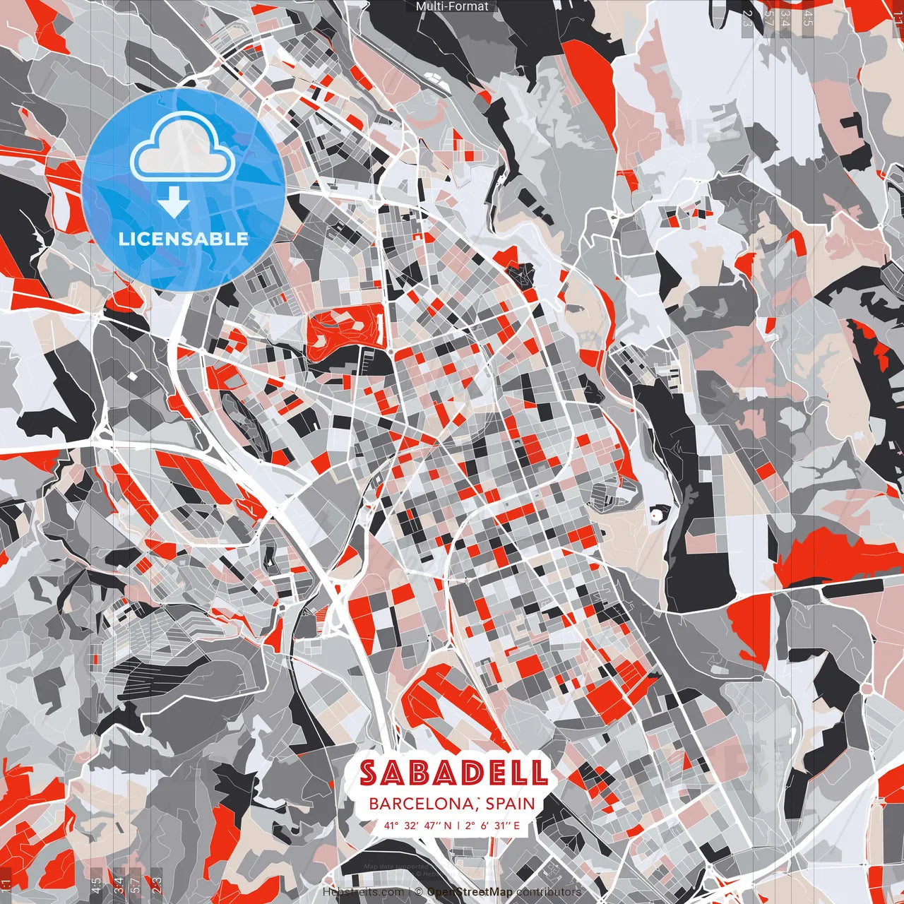 Sabadell, Barcelona, Spain - modern street map poster template with gray and red tones