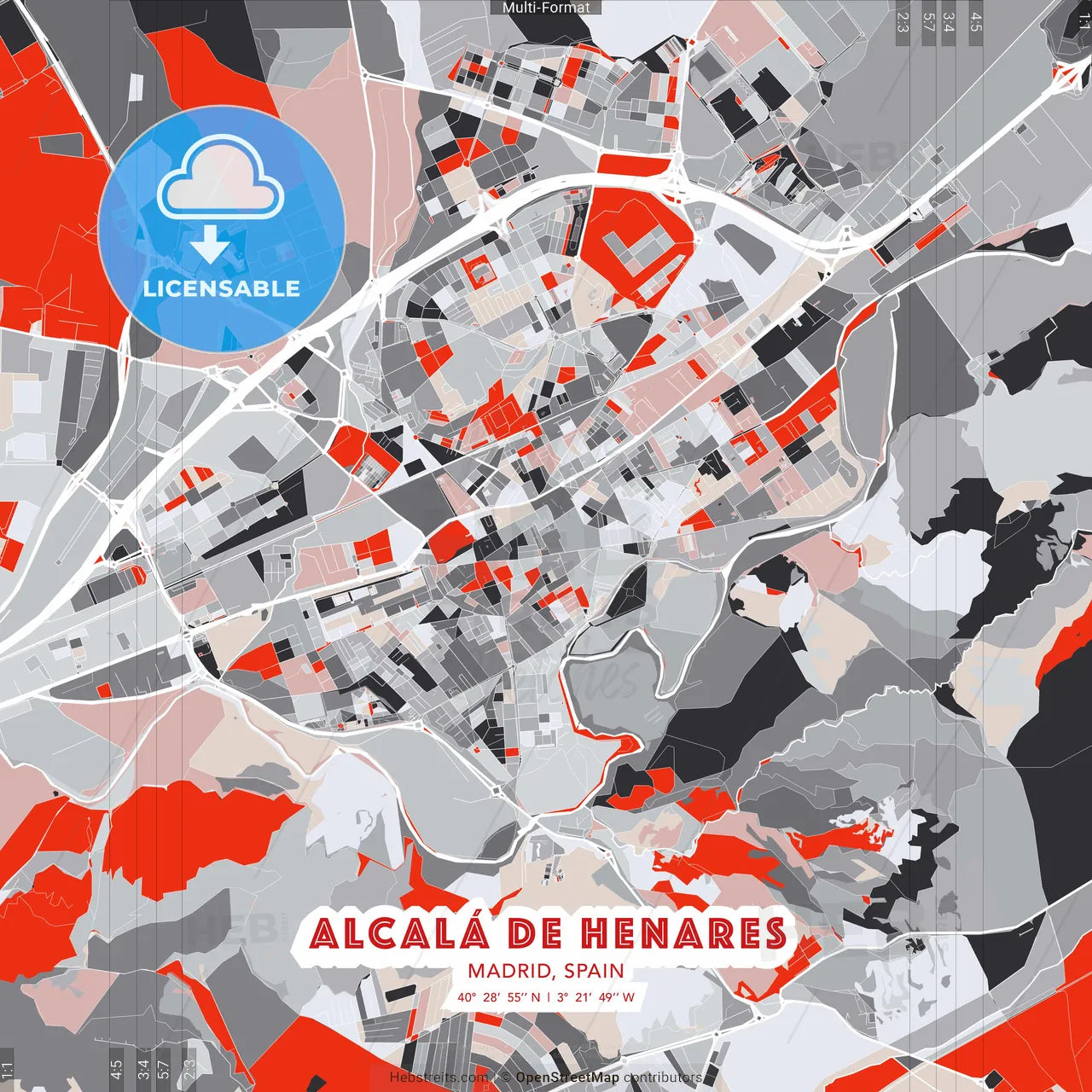 Alcalá de Henares, Madrid, Spain - modern street map poster template with gray and red tones