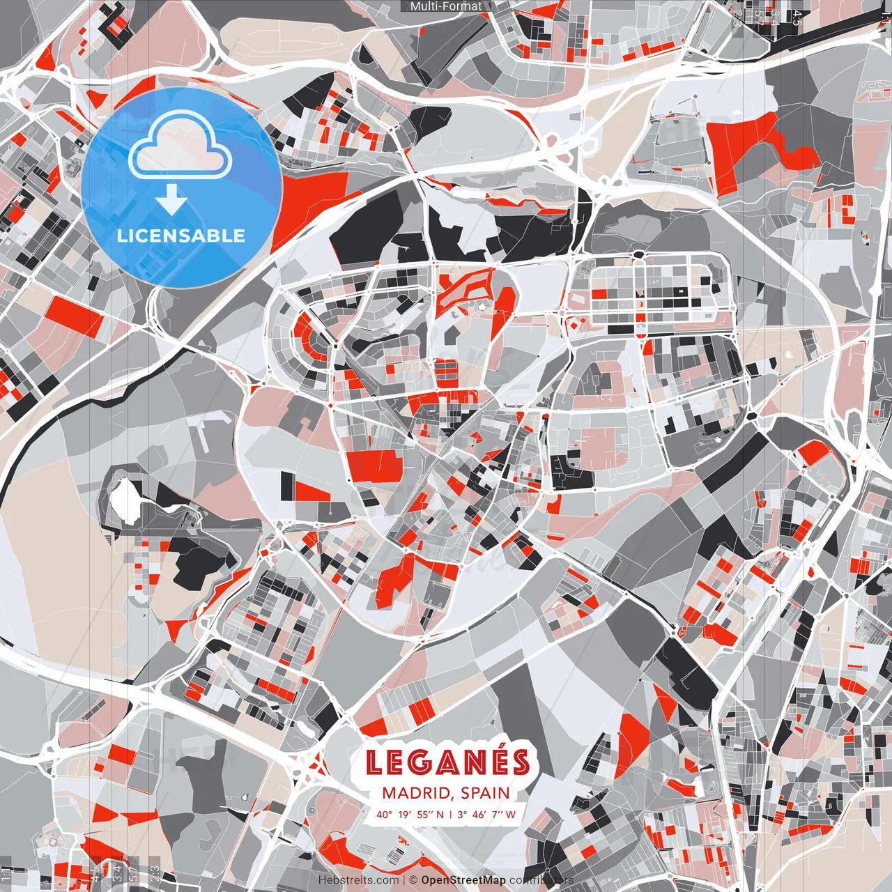 Leganés, Madrid, Spain - modern street map poster template with gray and red tones