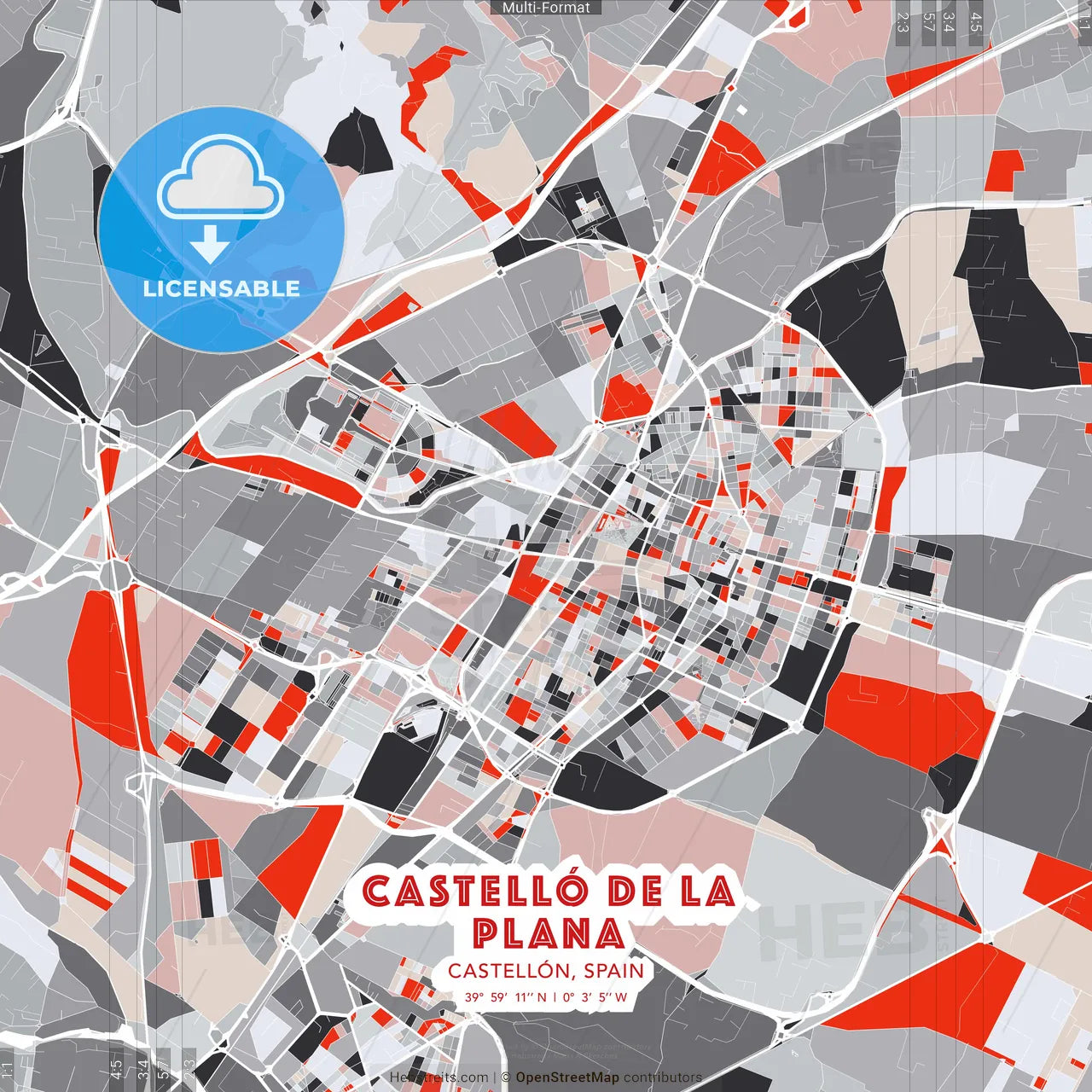 Castelló de la Plana, Castellón, Spain - modern street map poster template with gray and red tones