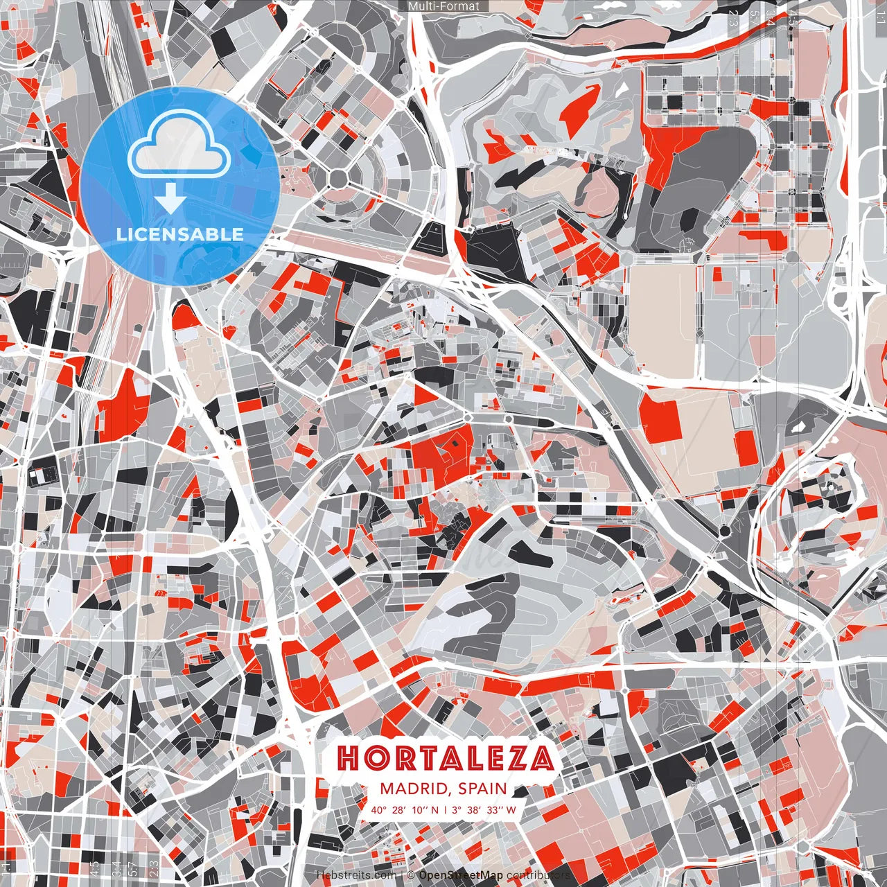 Hortaleza, Madrid, Spain - modern street map poster template with gray and red tones