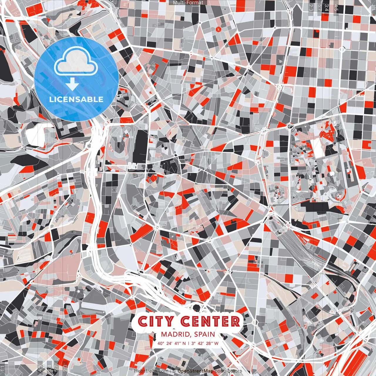 City Center, Madrid, Spain - modern street map poster template with gray and red tones