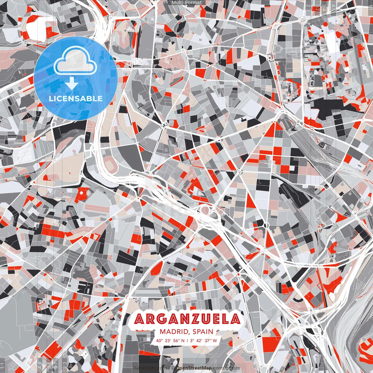 Arganzuela, Madrid, Spain - modern street map poster template with gray and red tones