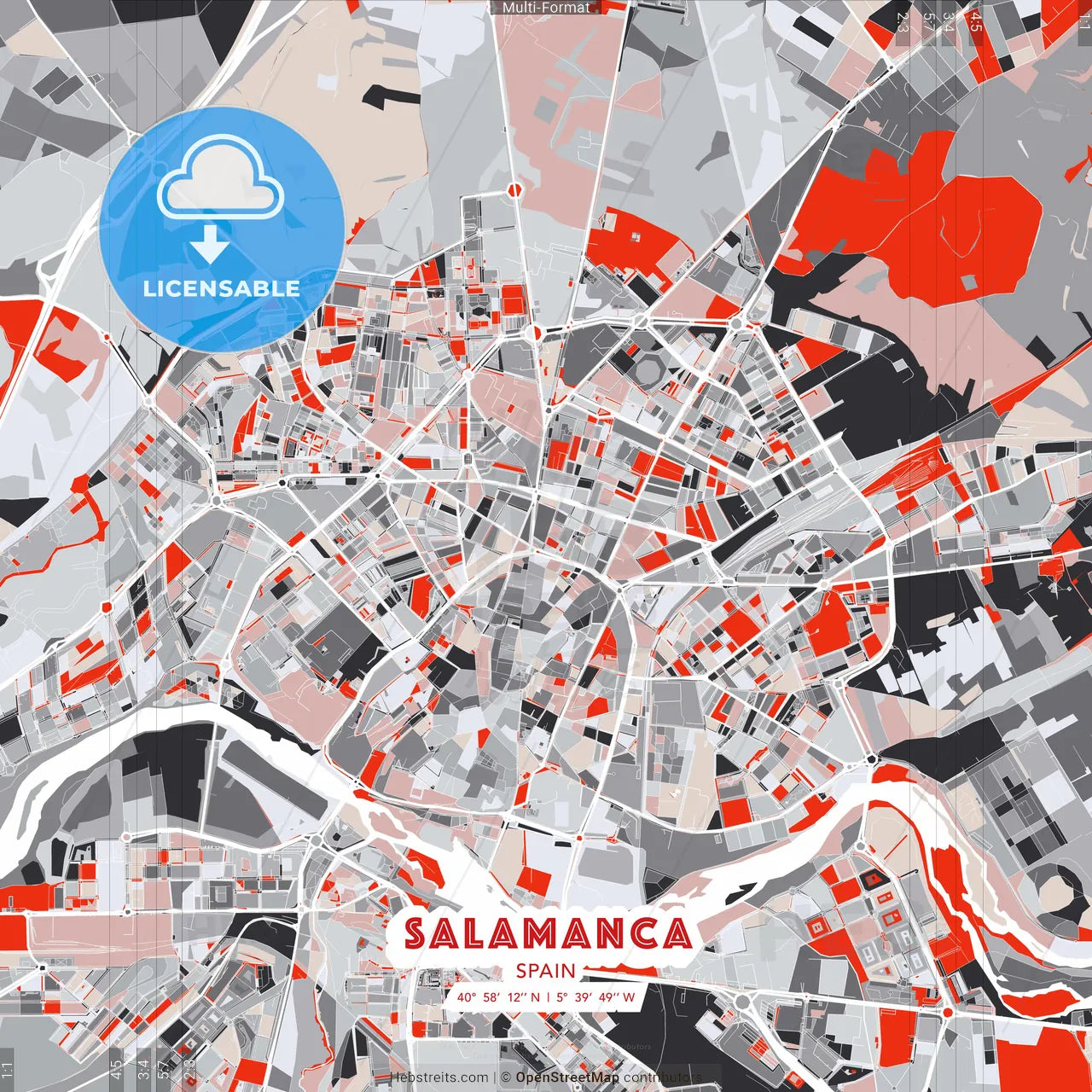 Salamanca, Spain - modern street map poster template with gray and red tones