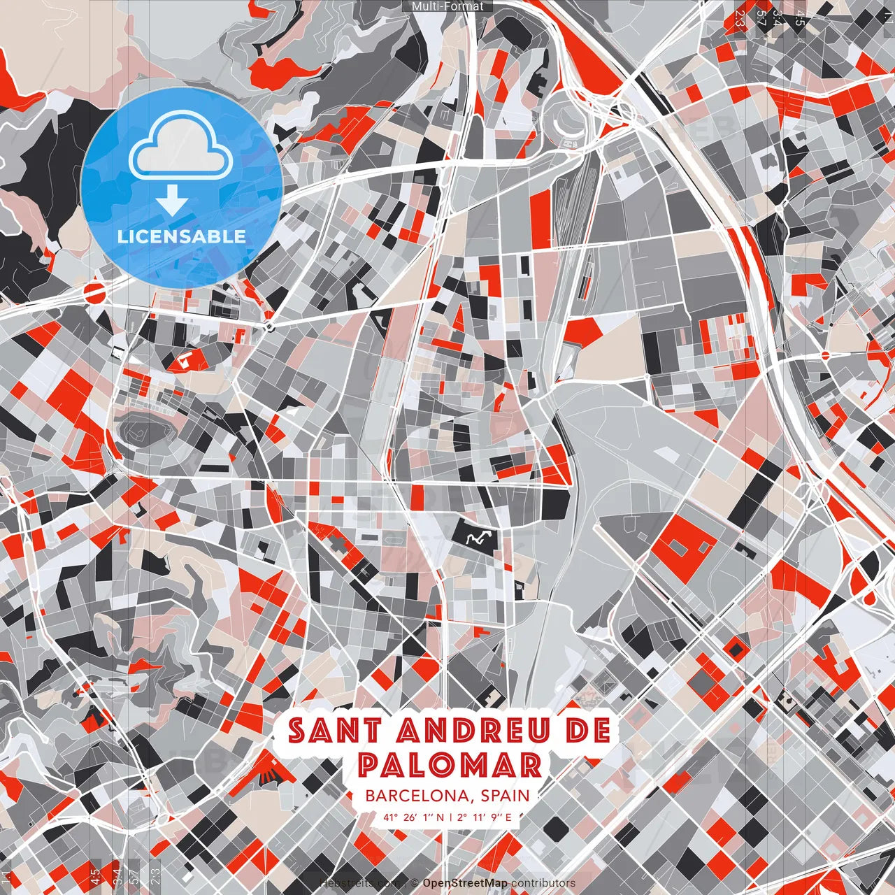 Sant Andreu de Palomar, Barcelona, Spain - modern street map poster template with gray and red tones
