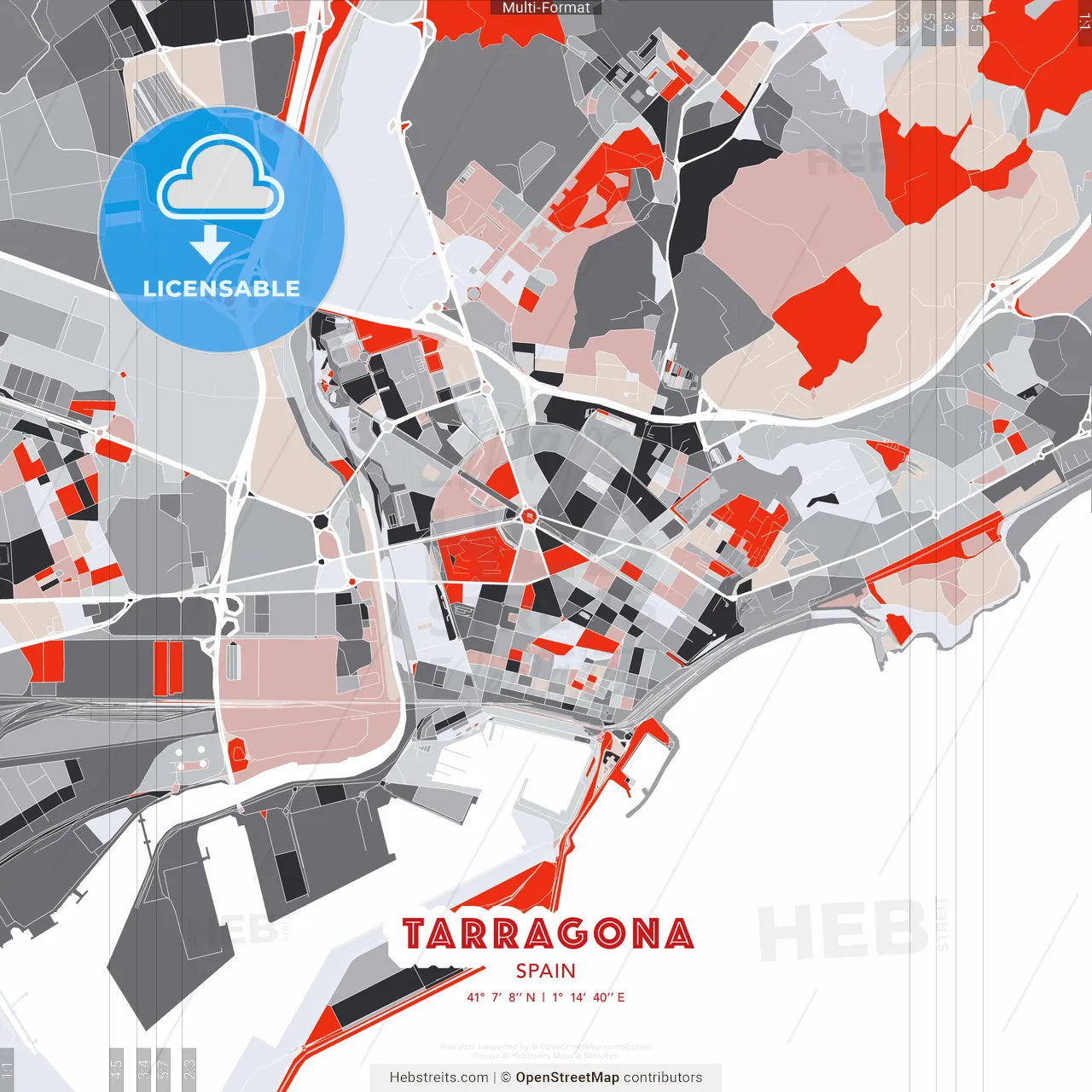 Tarragona, Spain - modern street map poster template with gray and red tones