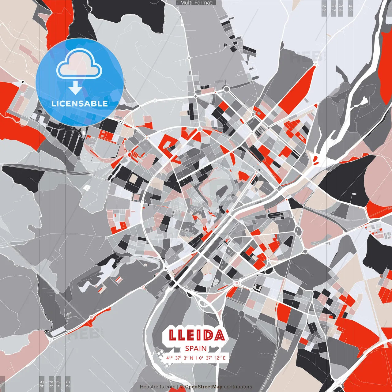 Lleida, Spain - modern street map poster template with gray and red tones