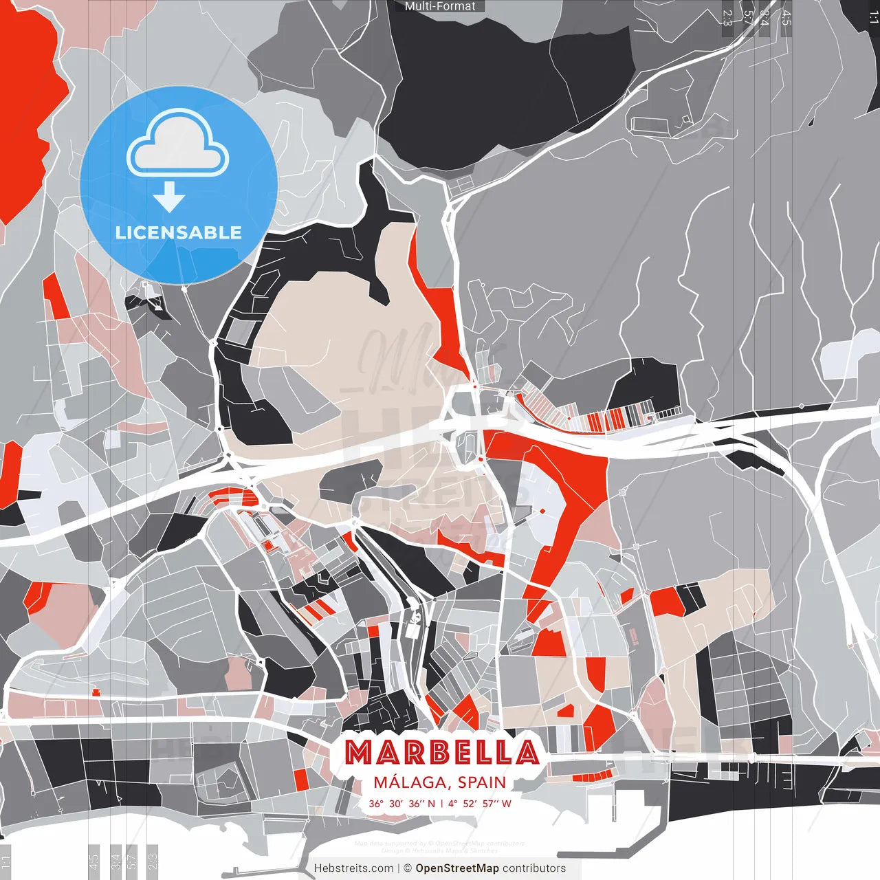 Marbella, Málaga, Spain - modern street map poster template with gray and red tones