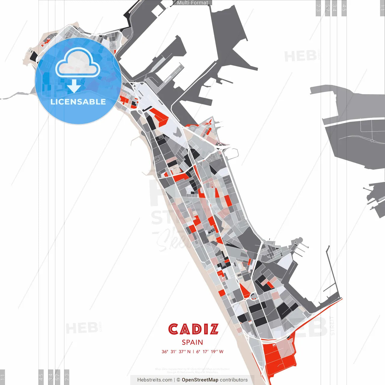 Cadiz, Spain - modern street map poster template with gray and red tones