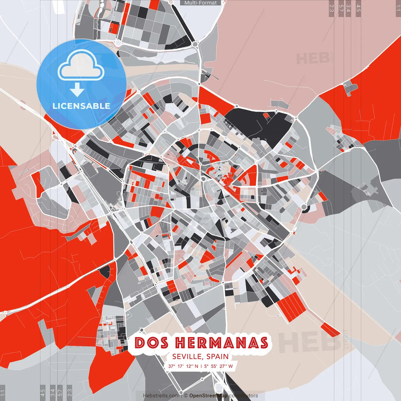Dos Hermanas, Seville, Spain - modern street map poster template with gray and red tones