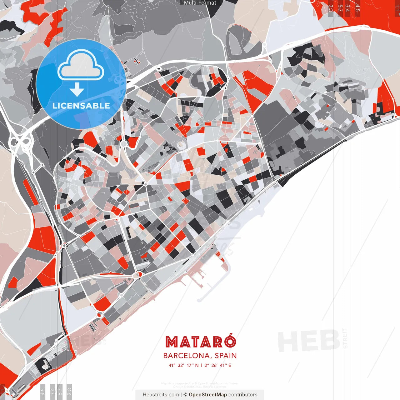 Mataró, Barcelona, Spain - modern street map poster template with gray and red tones