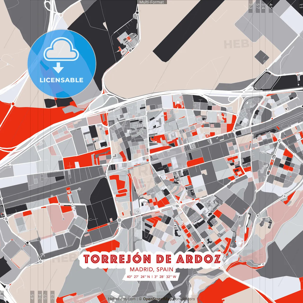 Torrejón de Ardoz, Madrid, Spain - modern street map poster template with gray and red tones