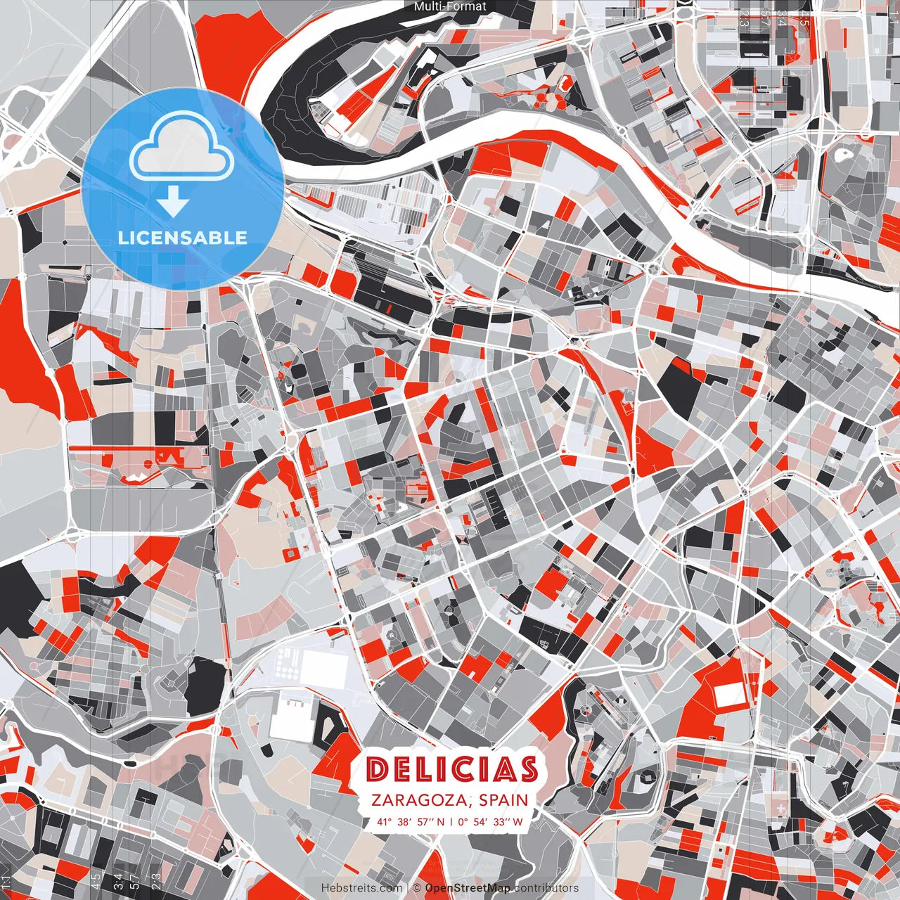 Delicias, Zaragoza, Spain - modern street map poster template with gray and red tones