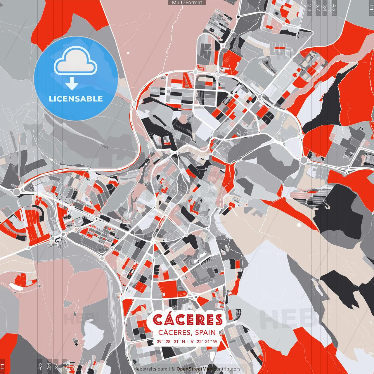 Cáceres, Cáceres, Spain - modern street map poster template with gray and red tones