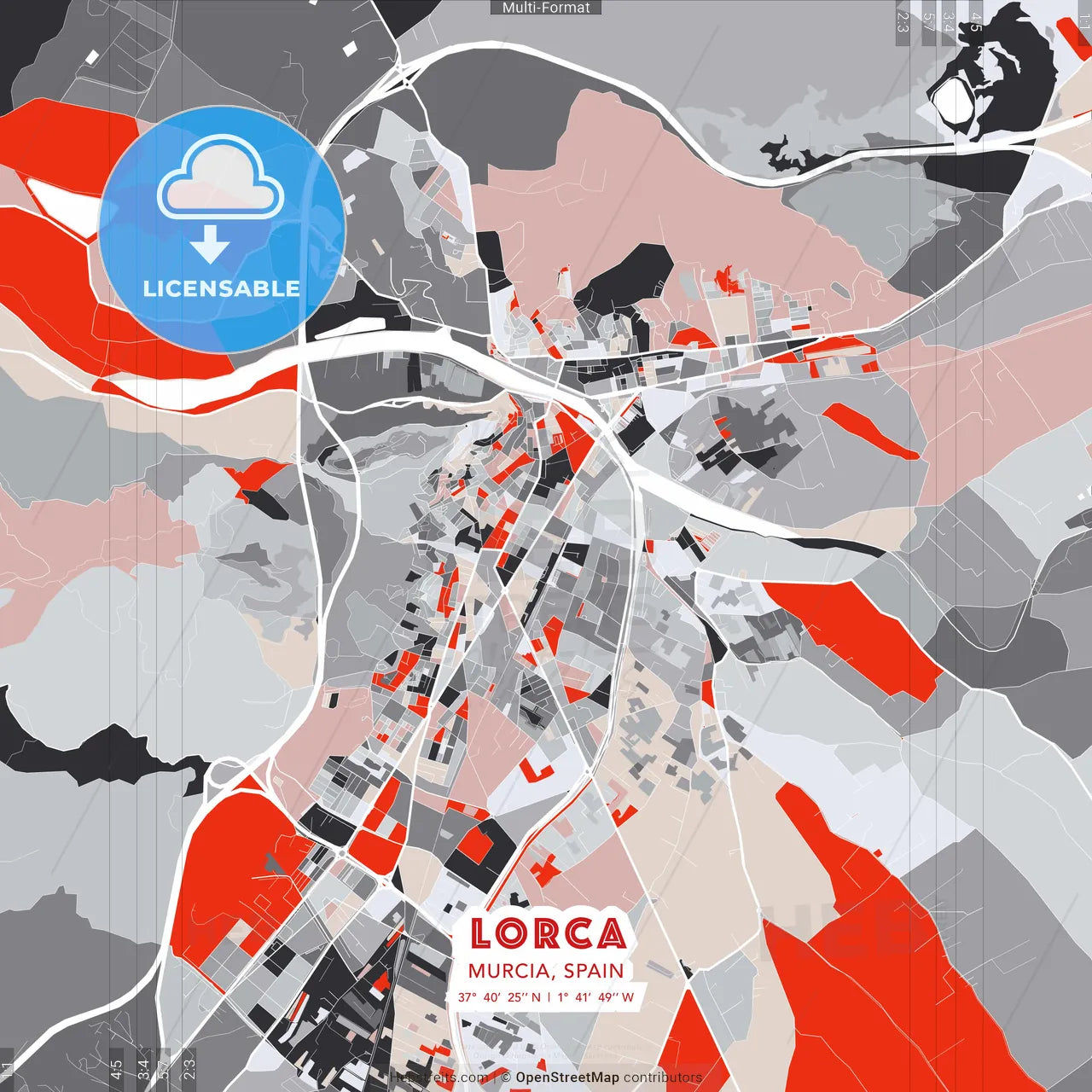 Lorca, Murcia, Spain - modern street map poster template with gray and red tones