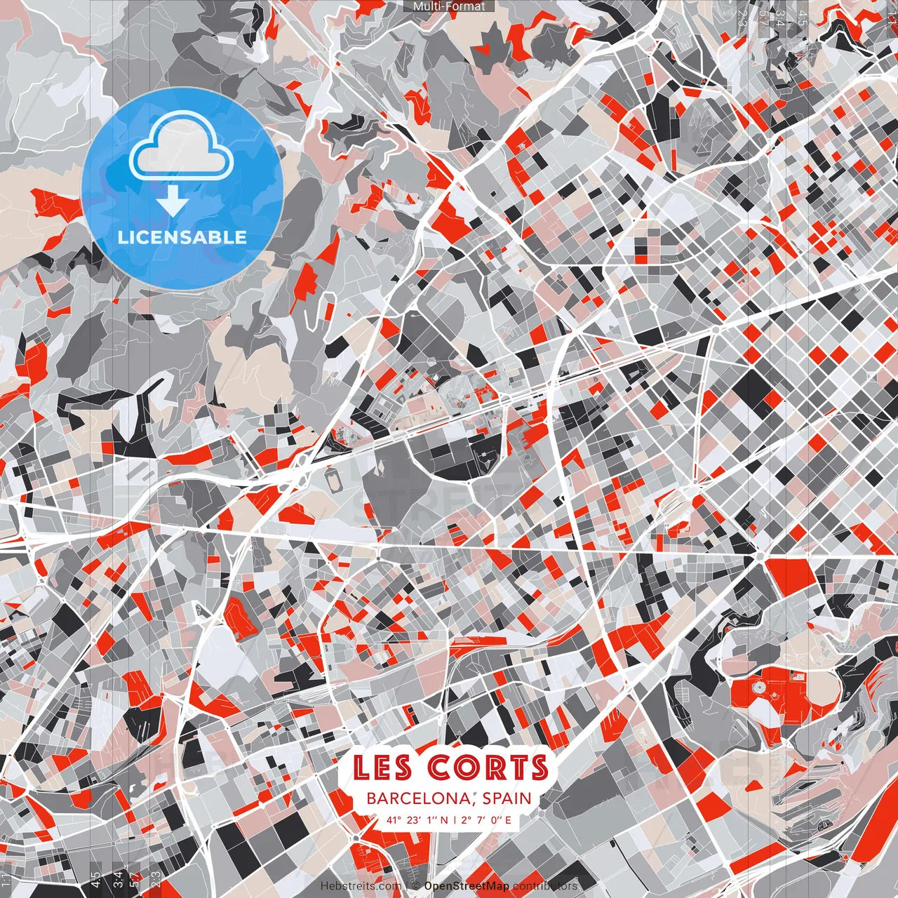 les Corts, Barcelona, Spain - modern street map poster template with gray and red tones