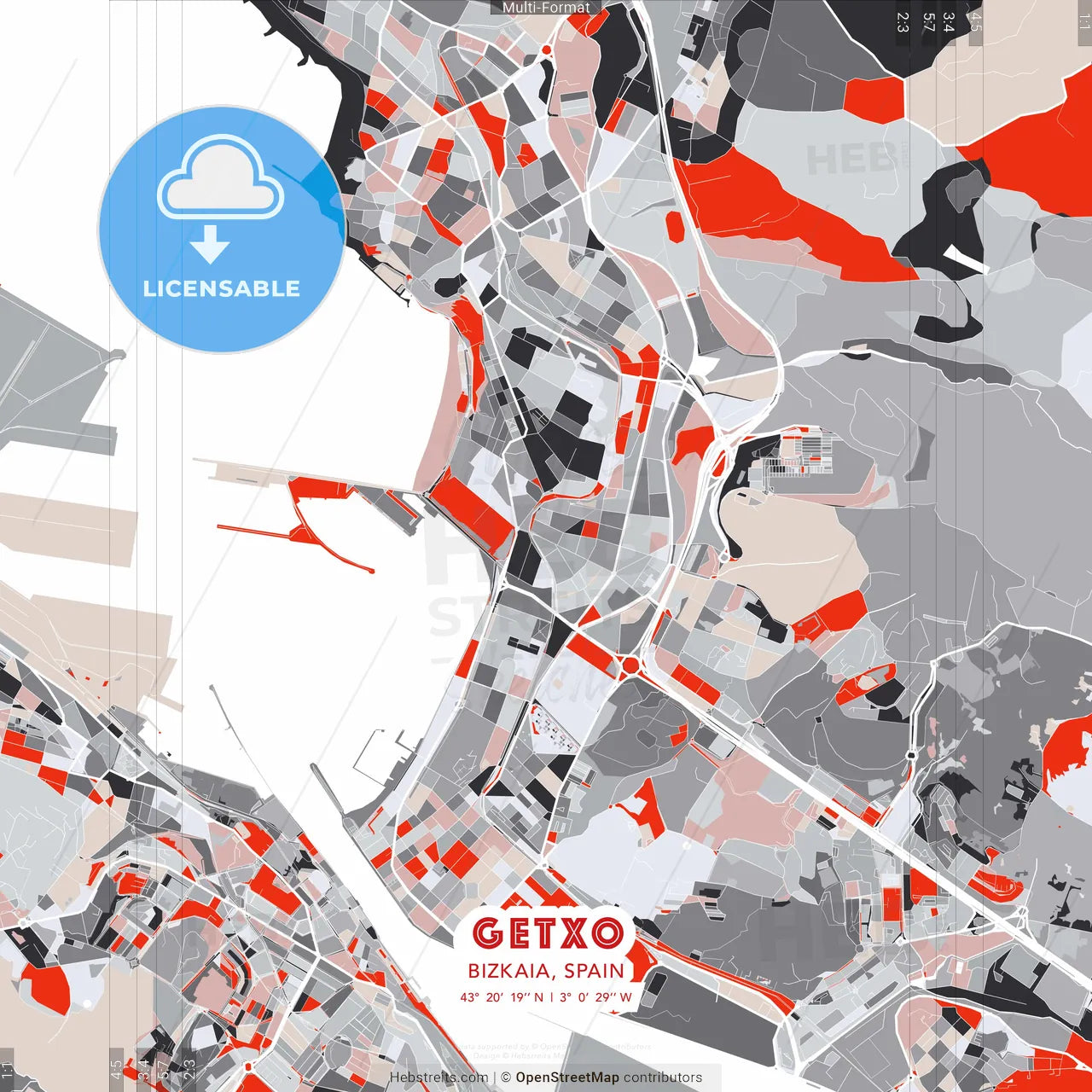 Getxo, Bizkaia, Spain - modern street map poster template with gray and red tones