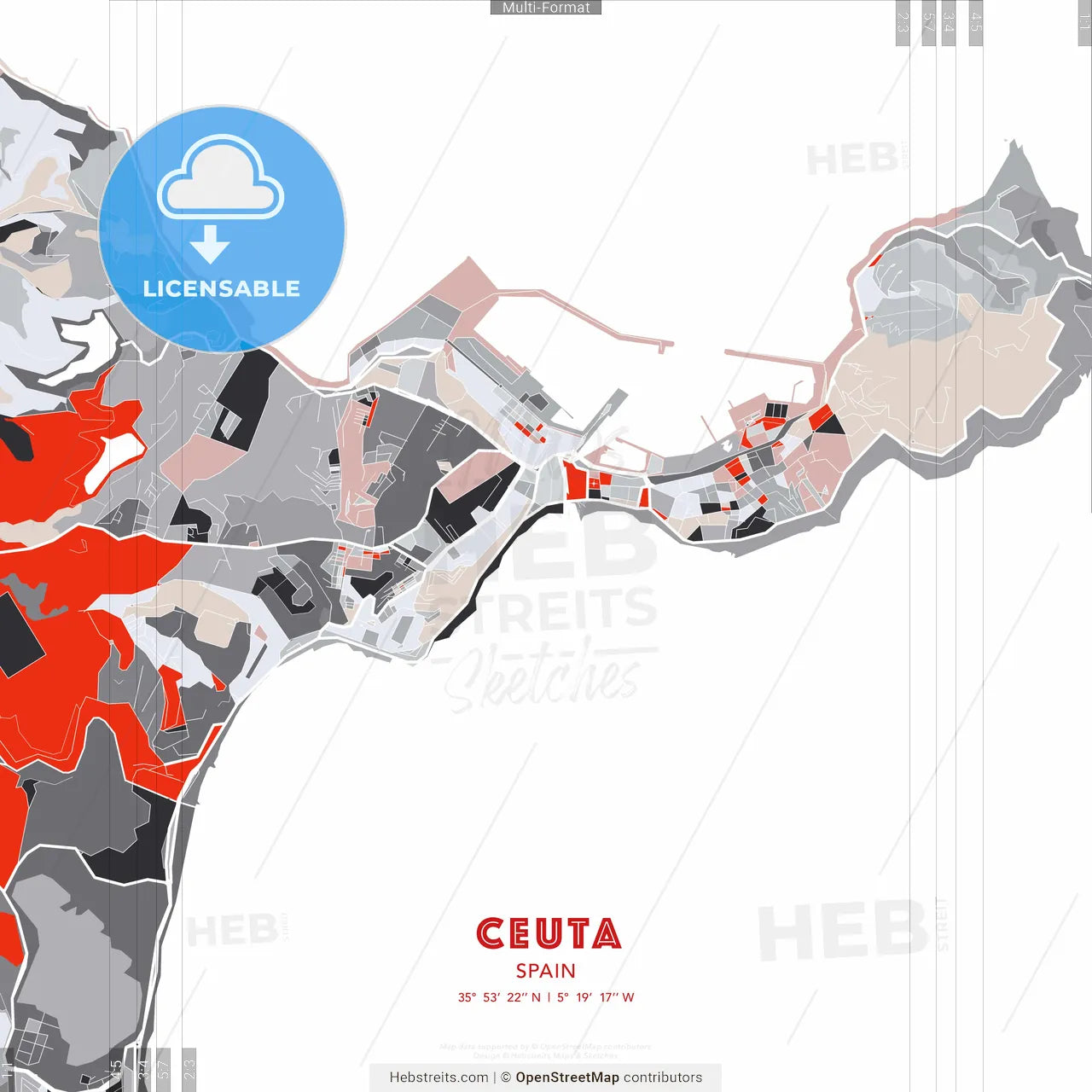 Ceuta, Spain - modern street map poster template with gray and red tones