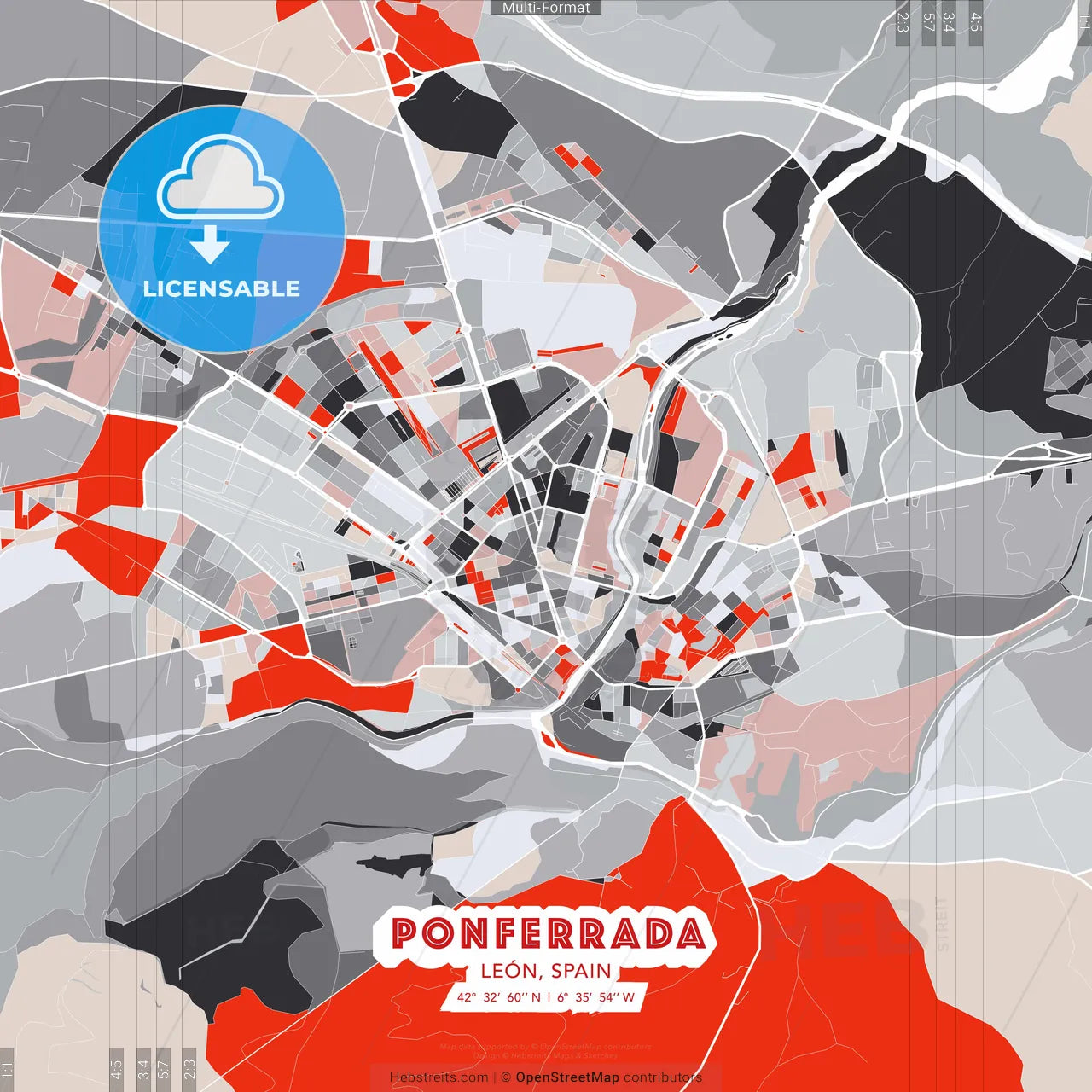 Ponferrada, León, Spain - modern street map poster template with gray and red tones
