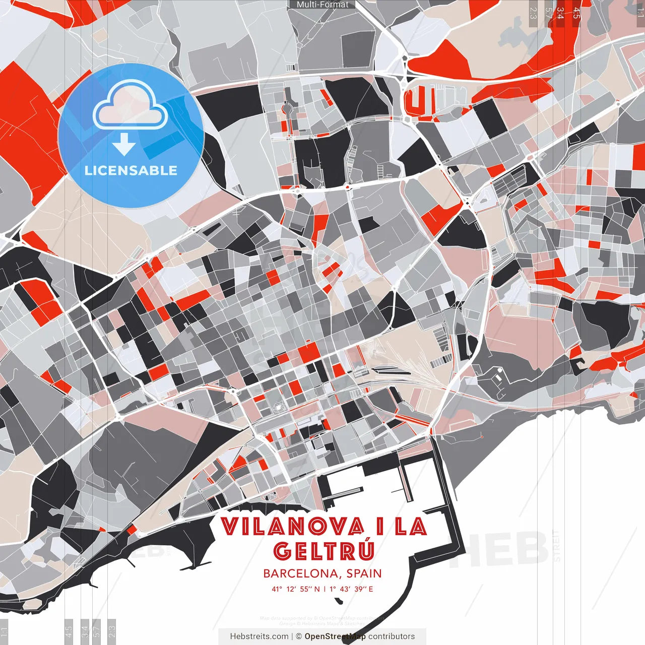 Vilanova i la Geltrú, Barcelona, Spain - modern street map poster template with gray and red tones