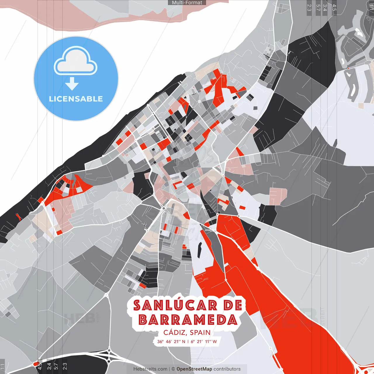 Sanlúcar de Barrameda, Cádiz, Spain - modern street map poster template with gray and red tones