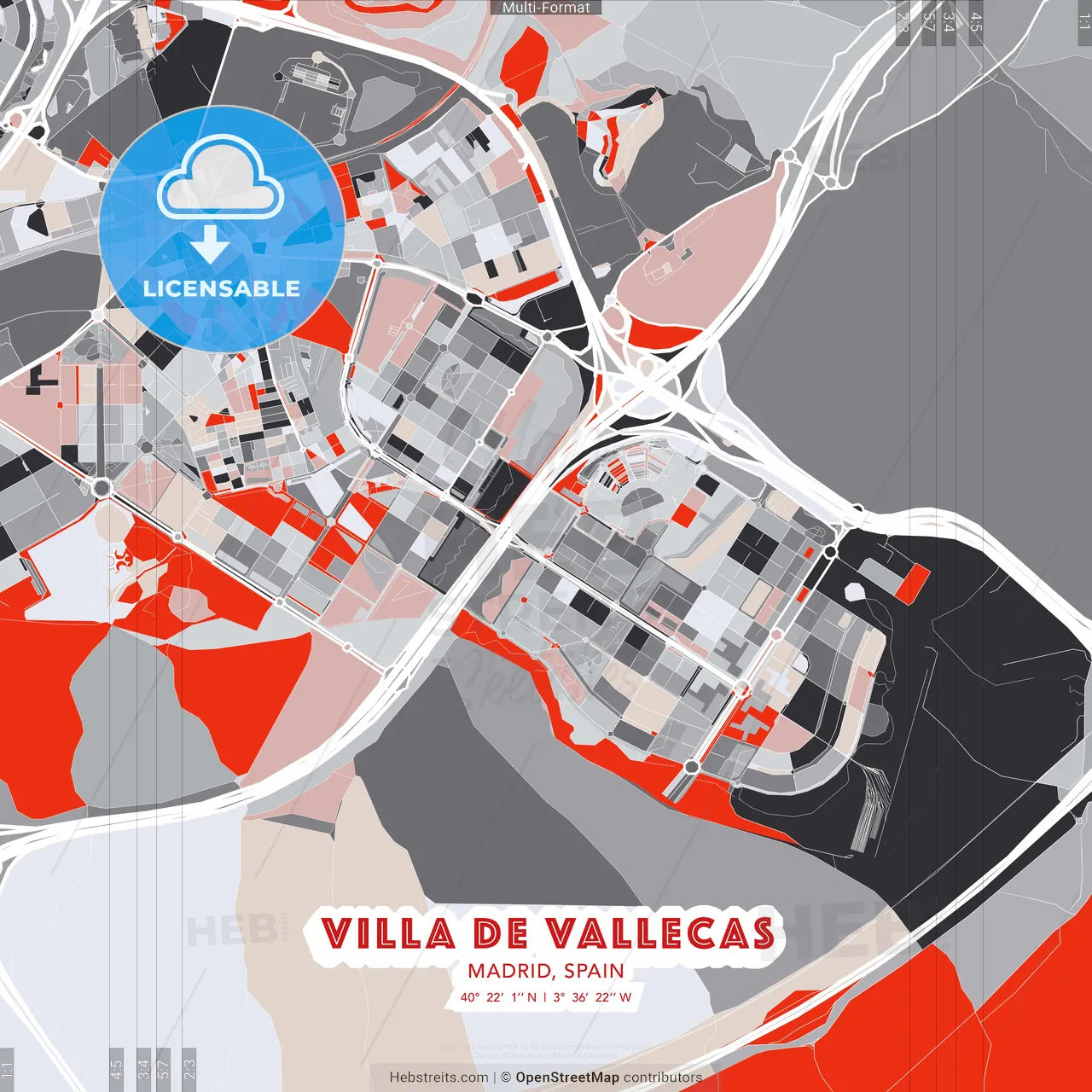 Villa de Vallecas, Madrid, Spain - modern street map poster template with gray and red tones