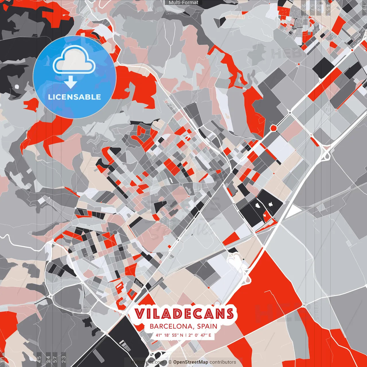 Viladecans, Barcelona, Spain - modern street map poster template with gray and red tones