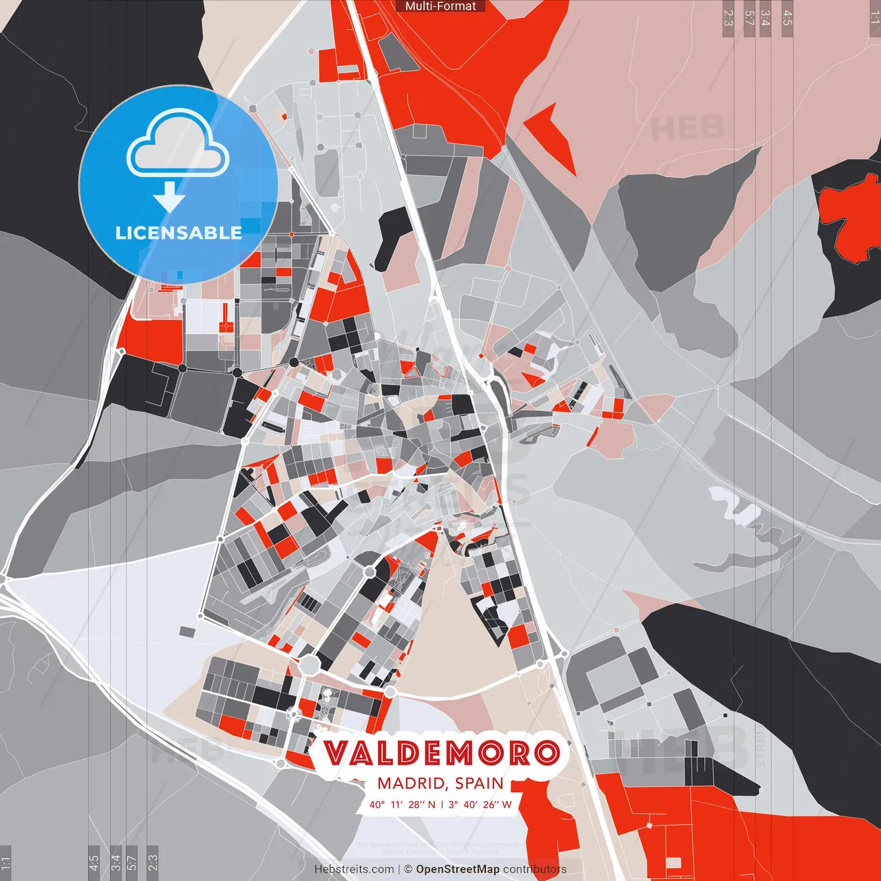 Valdemoro, Madrid, Spain - modern street map poster template with gray and red tones
