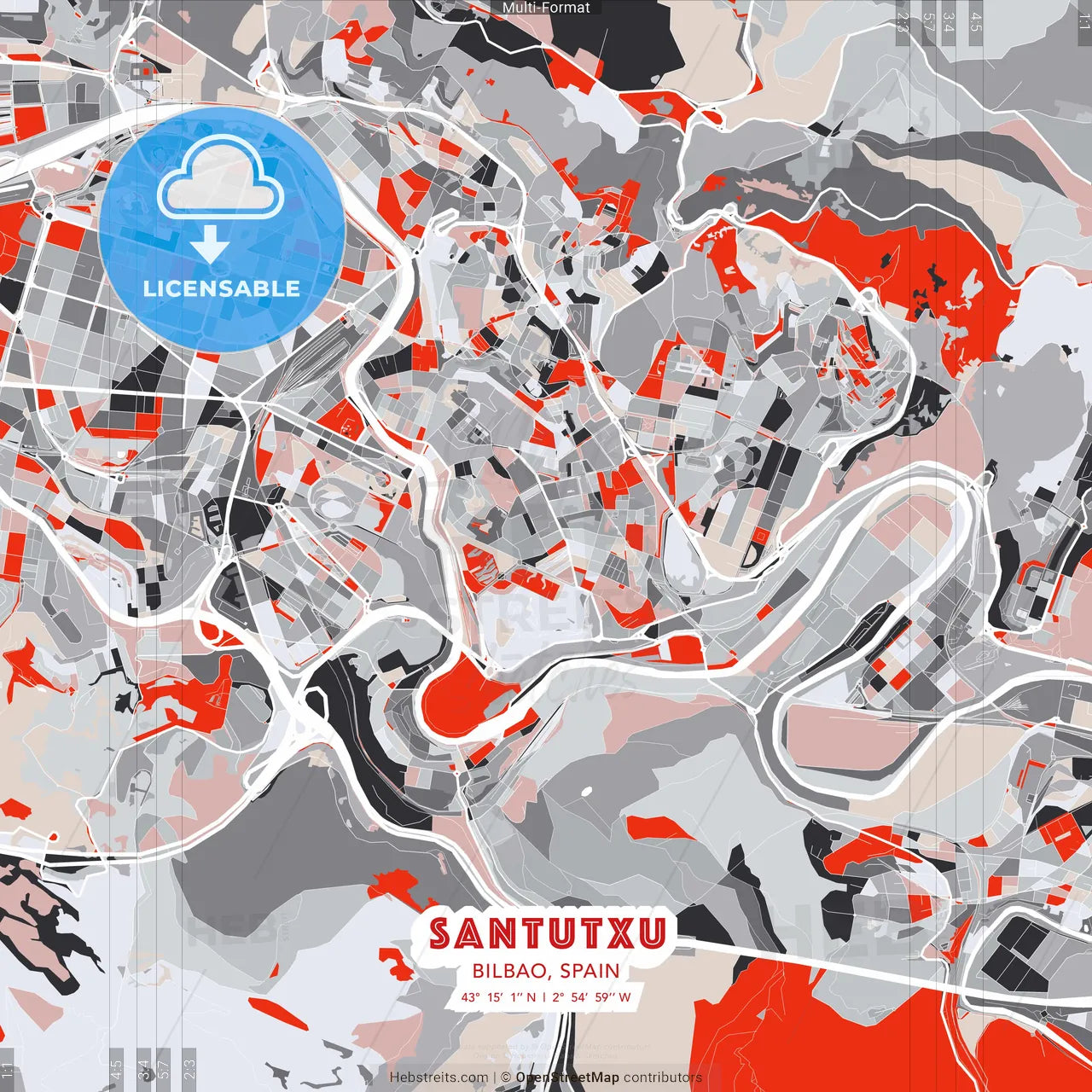 Santutxu, Bilbao, Spain - modern street map poster template with gray and red tones