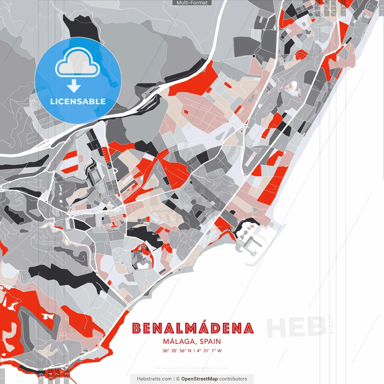 Benalmádena, Málaga, Spain - modern street map poster template with gray and red tones