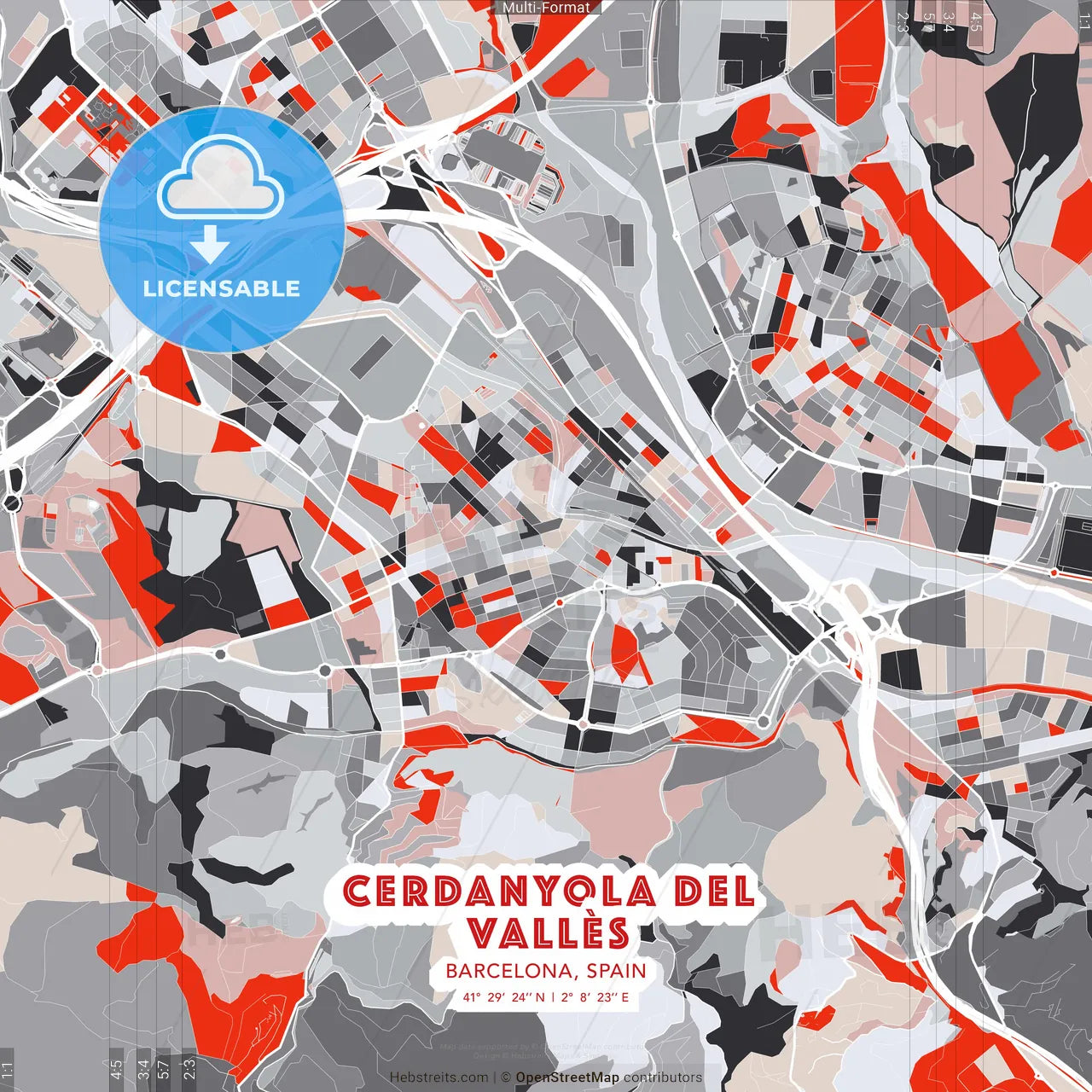 Cerdanyola del Vallès, Barcelona, Spain - modern street map poster template with gray and red tones