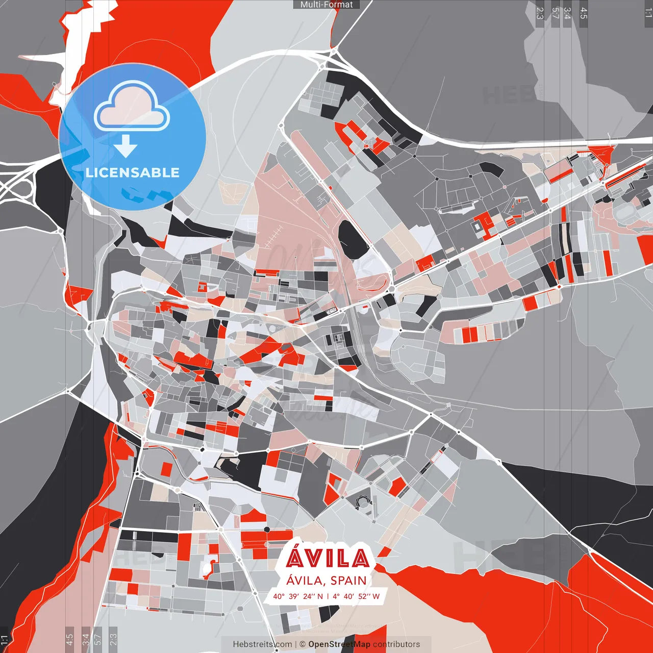 Ávila, Ávila, Spain - modern street map poster template with gray and red tones